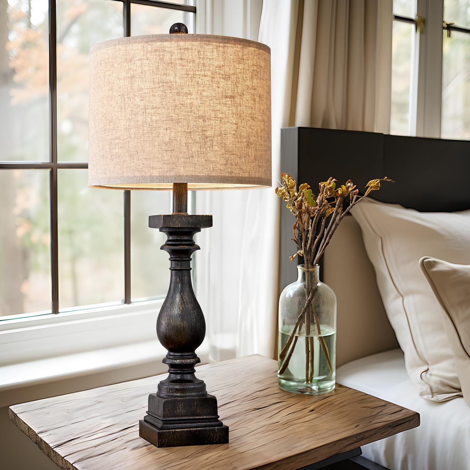 BOBOMOMO 27" Farmhouse Table Lamp Set of 2 - Vintage Rustic Bedside Lamps with USB A+C - Black, Model AMZ-T279USB-BLG