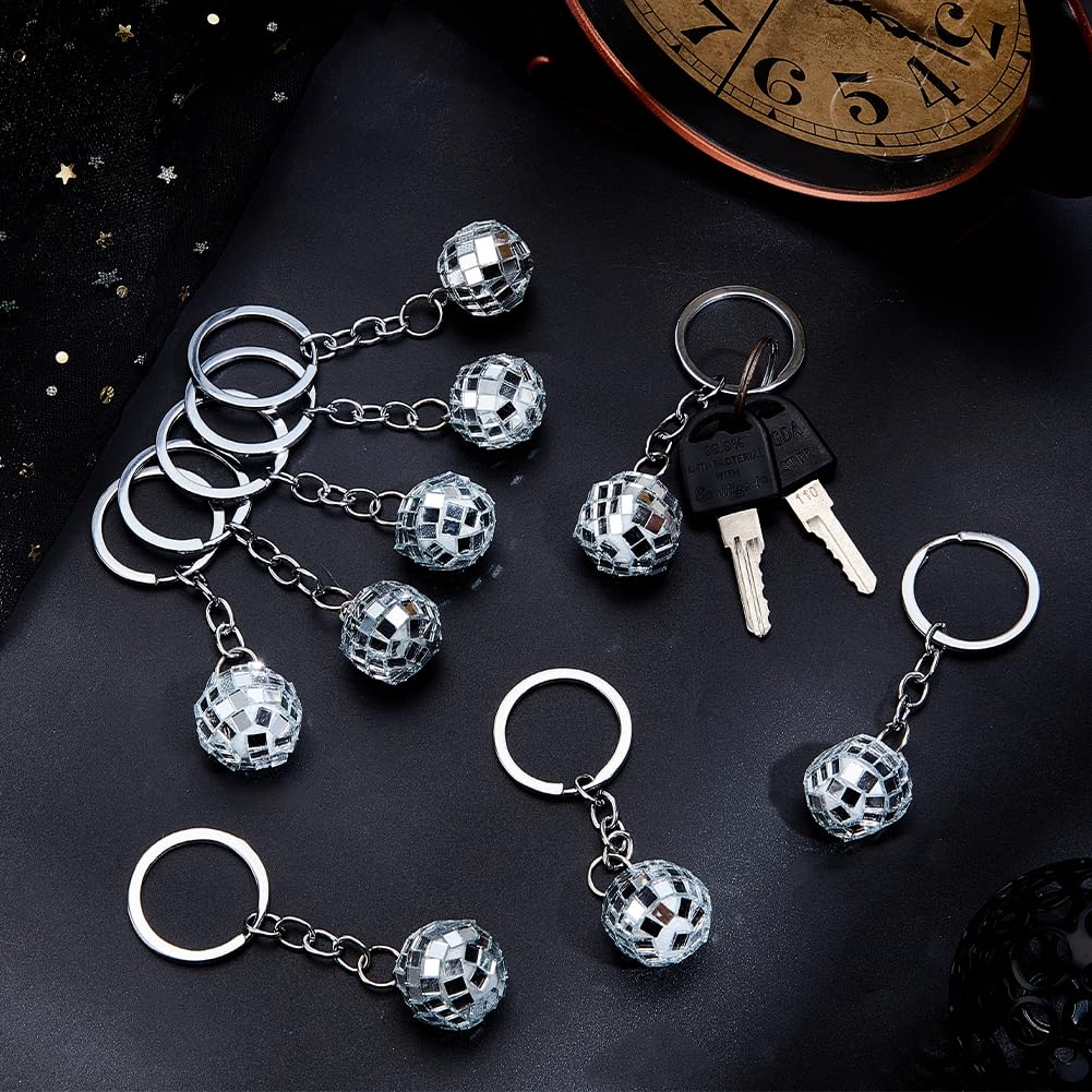 CRASPIRE 20Pcs Silver Disco Ball Keychain Mirror Key Chain Bulk Small Mini Acrylic Round Balls Hanging 70s Themed Party Charm Pe