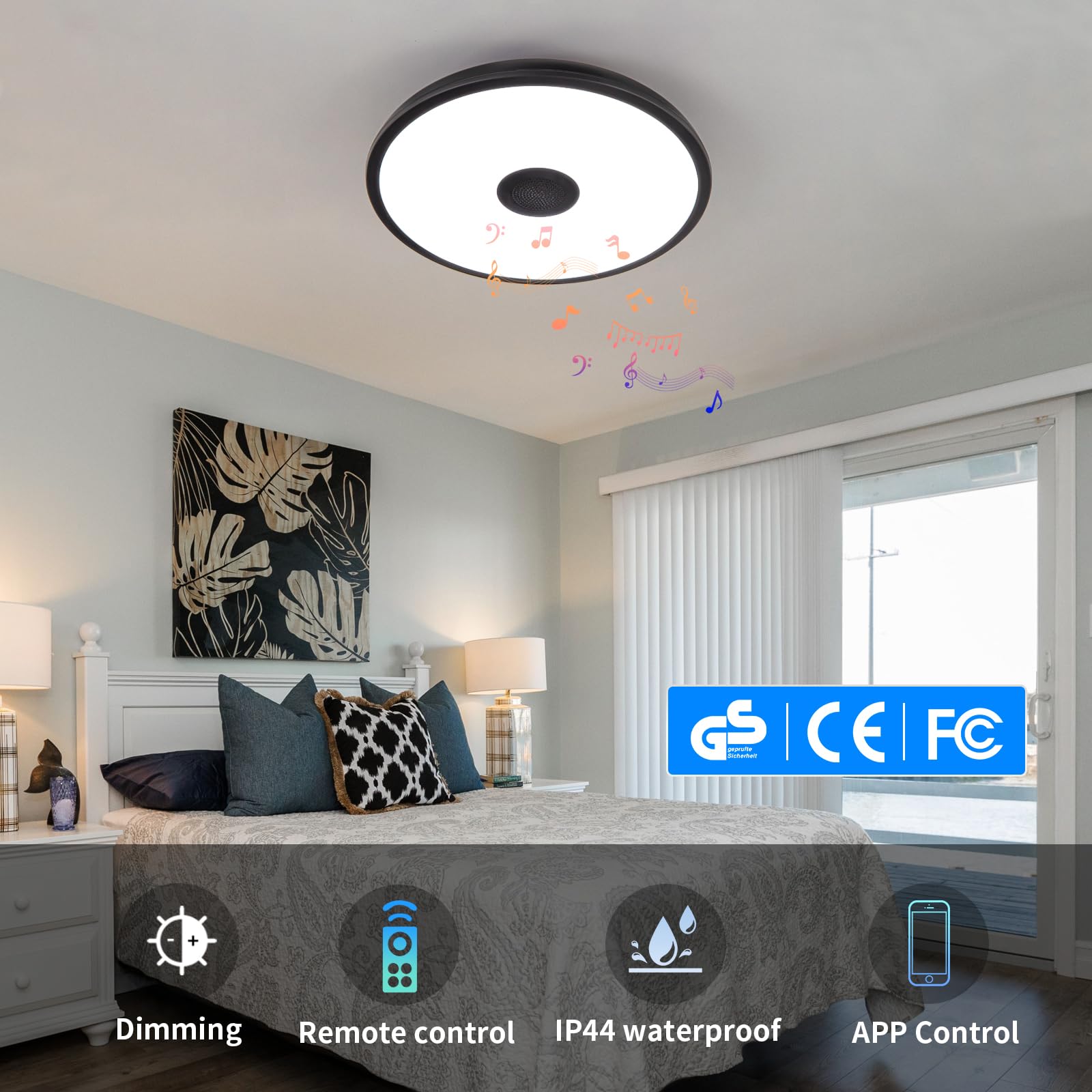 Asall Black Smart Waterproof Led Ceiling Light Fixture,18W,With Bluetooth Speaker,Rgb Color Changing Function-2700K-6500K Dimmab