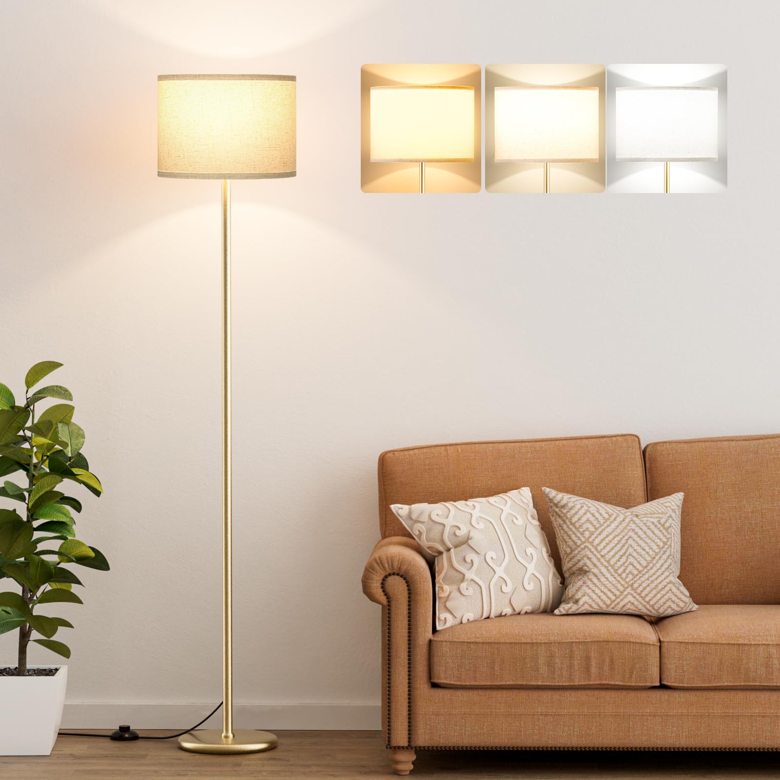 Ambimall 60in  Modern Floor Lamp, Beige Shade with Gold Pole, Tall Lamp for Living Room, Bedroom, Office, Model RPT-ZGB10105