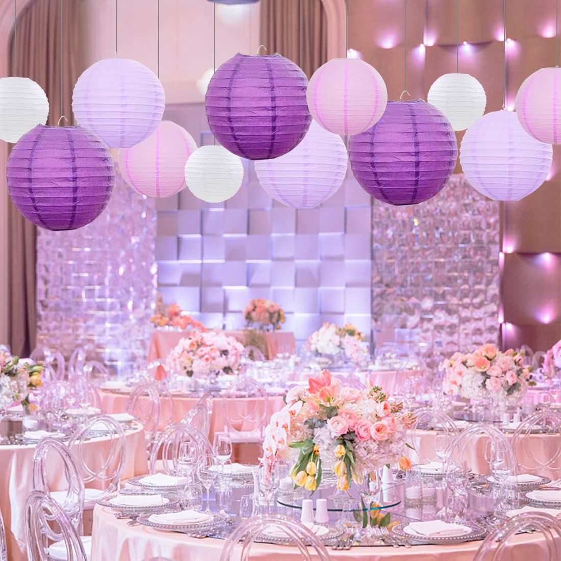 Famolay Purple Paper Lanterns 12 Pcs Assorted Size Of 6'' 8'' 10'' 12'' Chinese Round Paper Hanging Decorations Ball Lanterns La