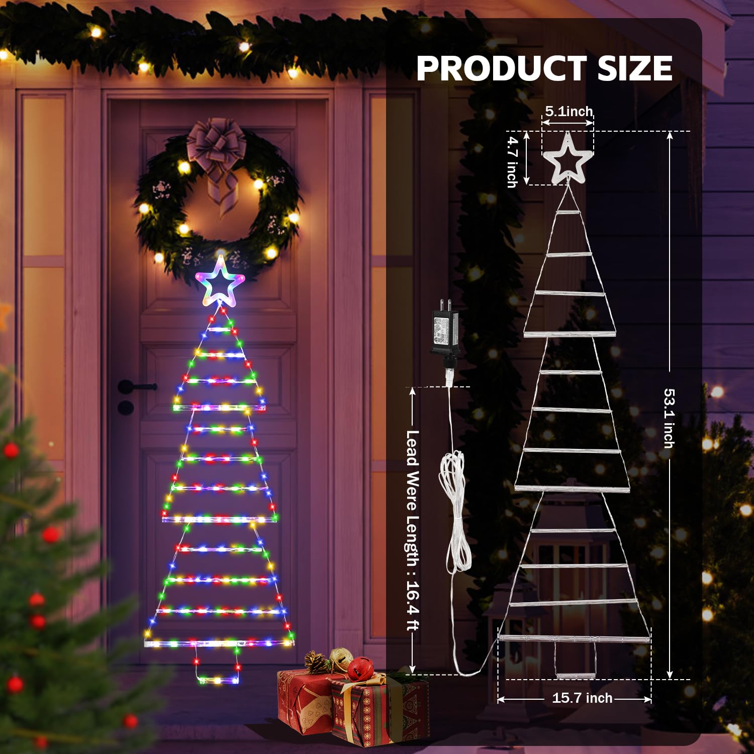 Led Christmas Lights Outdoor,4.6Ft 189 Led Christmas Tree Ladder Lights With Star Topper 8 Modes Christmas Decorations Lights For Indoor Outdoor, Window, Garden, Home, Wall, Xmas Tree Decor-Multicolor