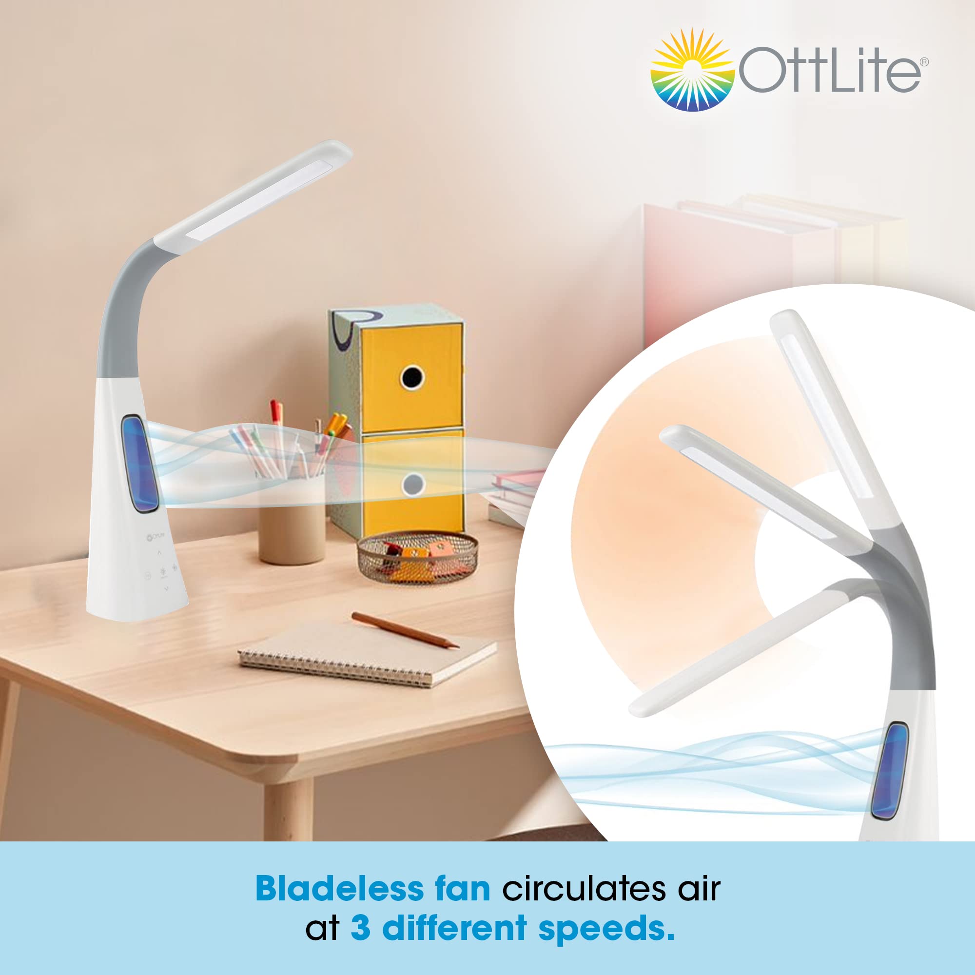 OttLite Cool Breeze LED Lamp - Bladeless Fan, 3 Speeds, 5 Brightness Settings, White, Medium, Model F26WG9-SHPR