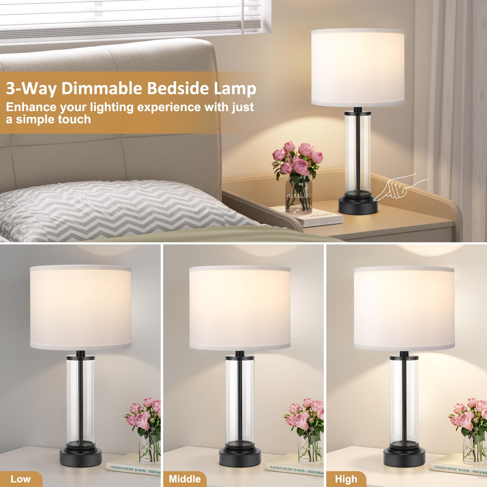 Black Bedroom Lamps Set Of 2 - Touch Bedside Lamp For Night Stands With Usb C+A, 3 Way Dimmable Nightstand Table Lamps For Livin