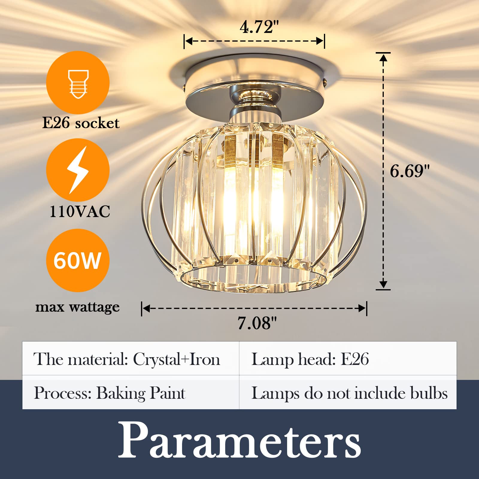 Yyjlx Modern Semi Flush Mount Ceiling Light, Small Chrome Crystal Chandelier For Entryway, Silver