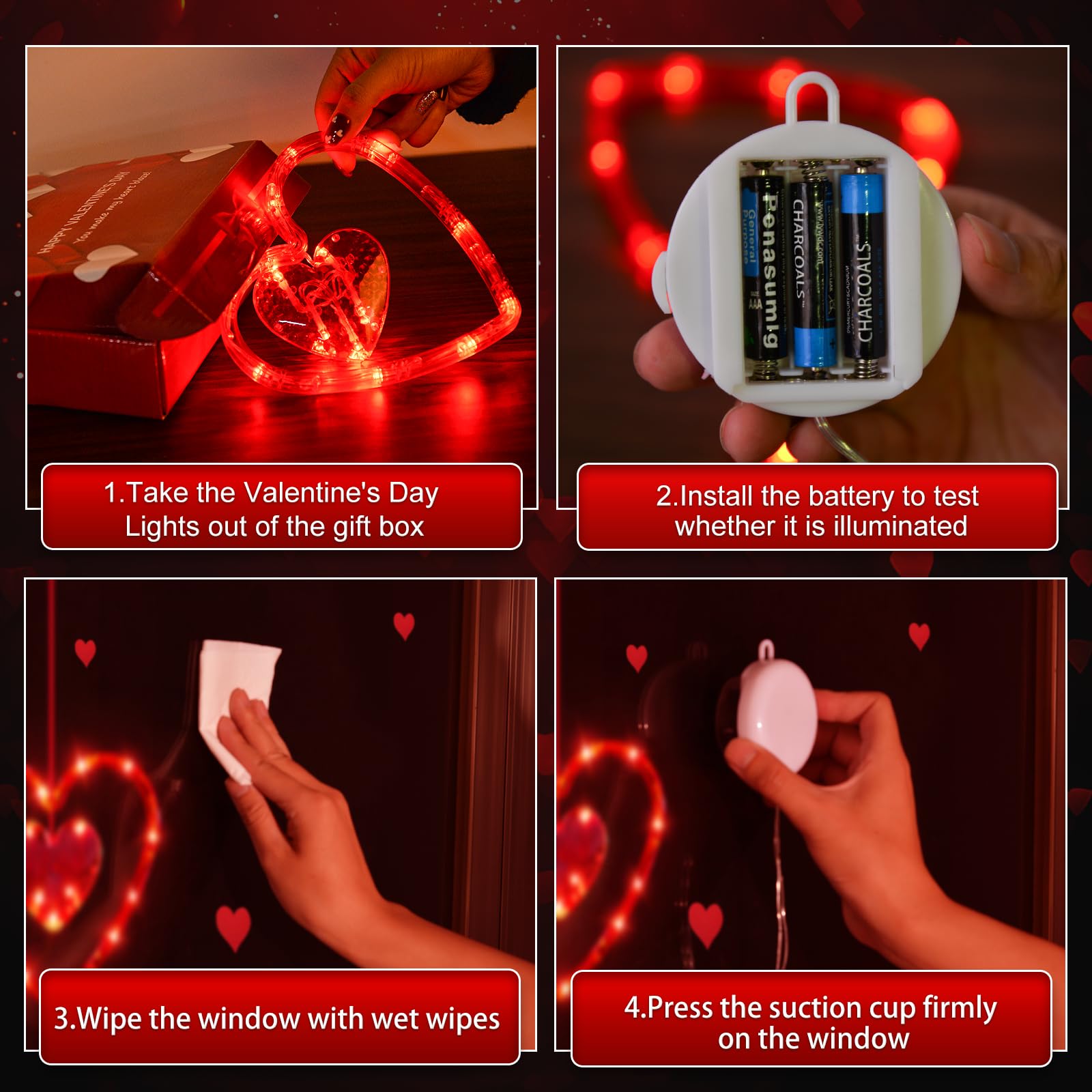 LYUBASA Valentines Day Window Lights - 3 Pack Red Heart Shaped LED Lamps with Timer, Battery Powered, Model V113 for Indoor Home Decor