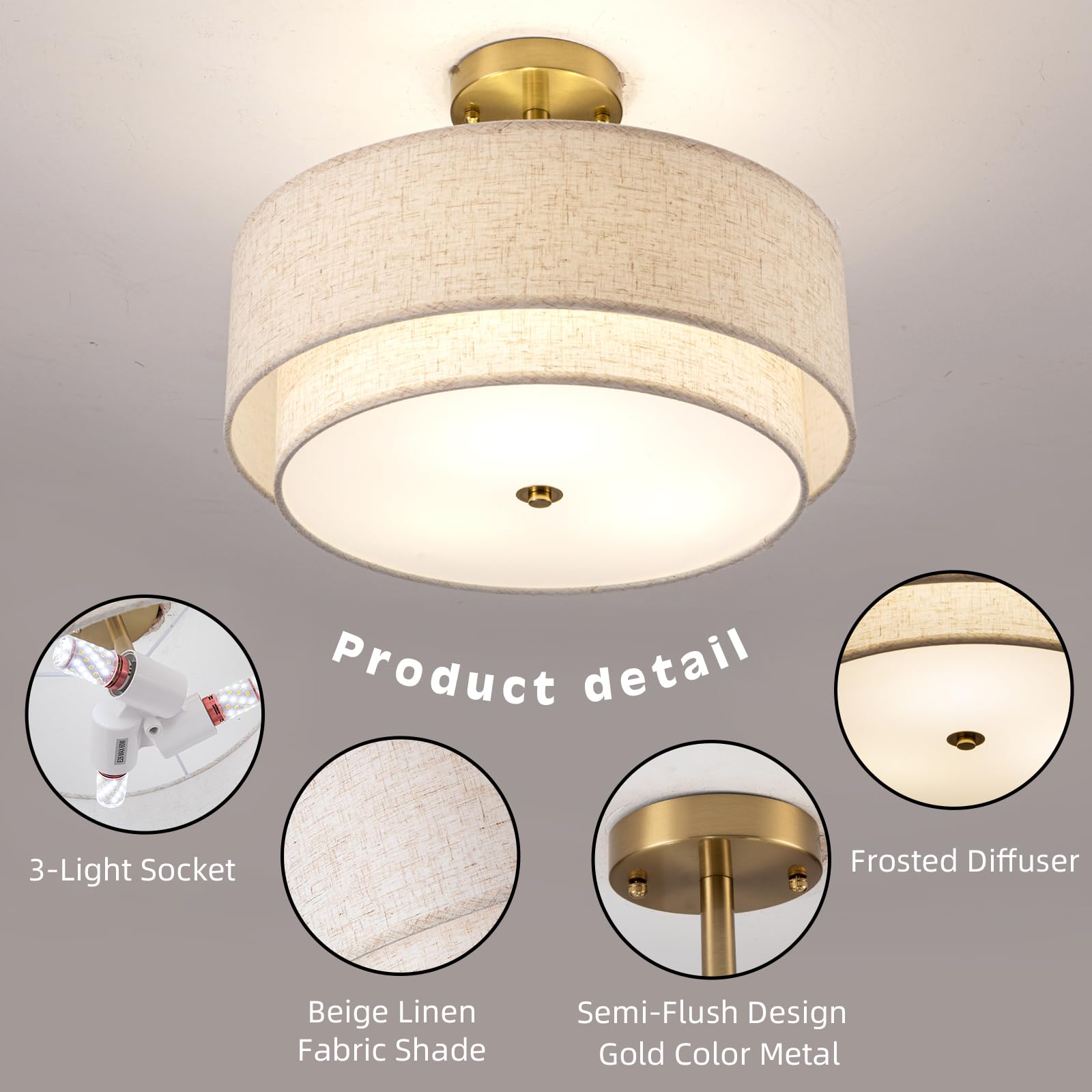 Aufrichting 16'' Semi Flush Mount Ceiling Light Fixture,Modern Close To Ceiling Light, 3-Lights Gold Drum Ceiling Light With Lin