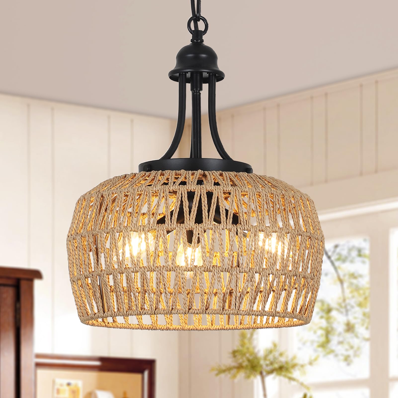 HMVPL Grey Rattan Chandeliers for Dining Room, 5-Light Boho Dining Room Light Fixture with Wicker Lampshade, Large Coastal Penda