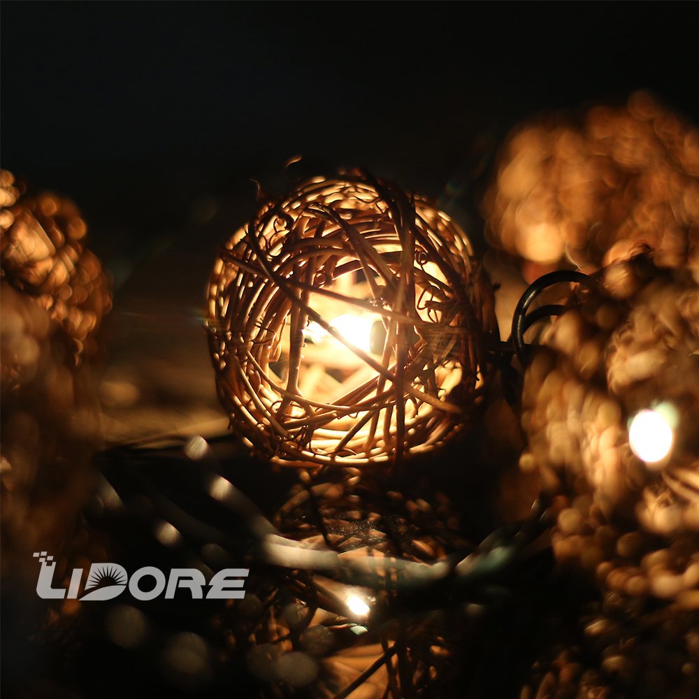LIDORE Rattan String Lights, 10 Mini Globe Balls, 7.92ft Green Cord, Indoor Outdoor Use, Brown Rattan, Model LD-TAOKE-10L