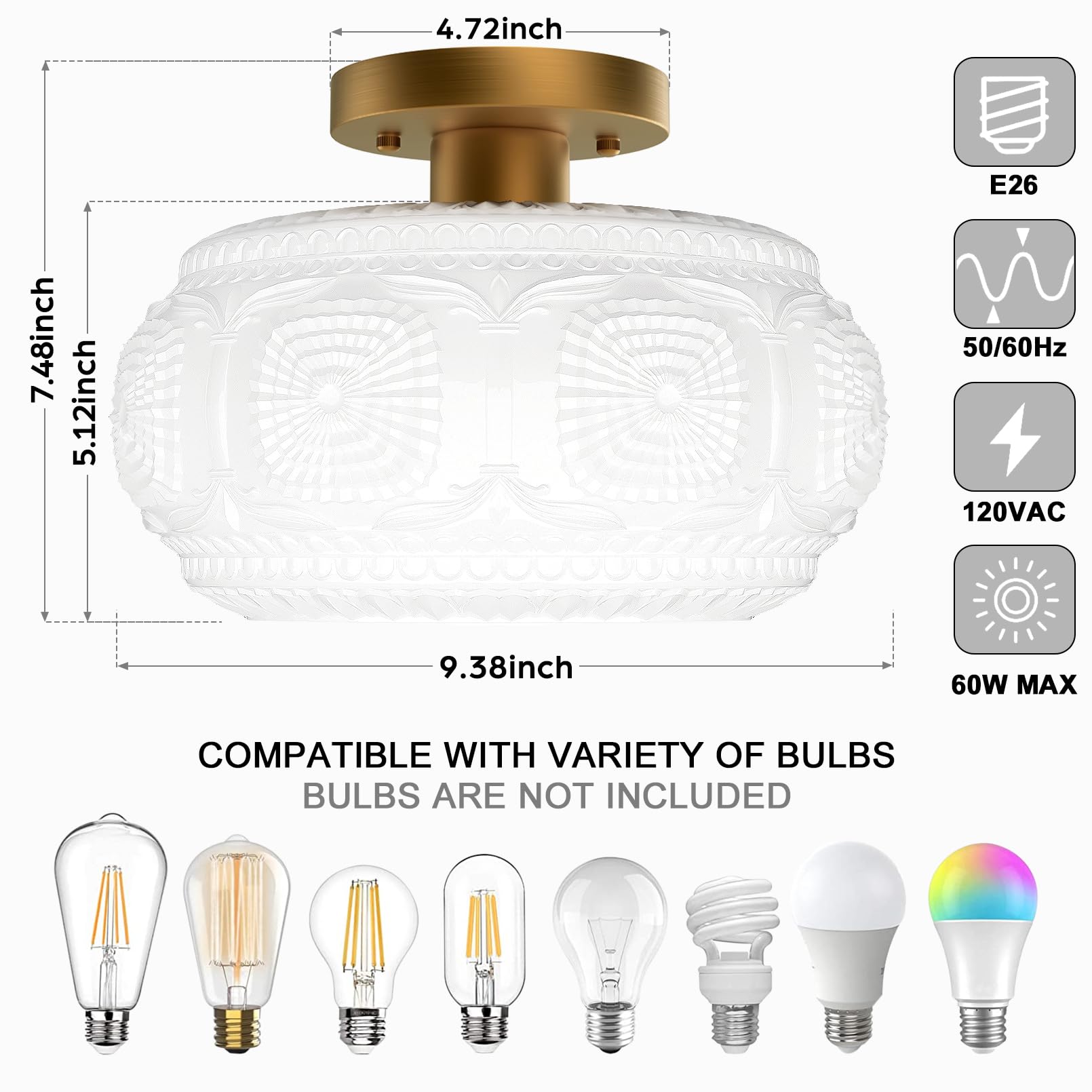 Oykyohei Semi Flush Mount Ceiling Light, Milk Glass Shade Modern Ceiling Light Fixture, Vintage Gold Lighting For Hallway Bedroo