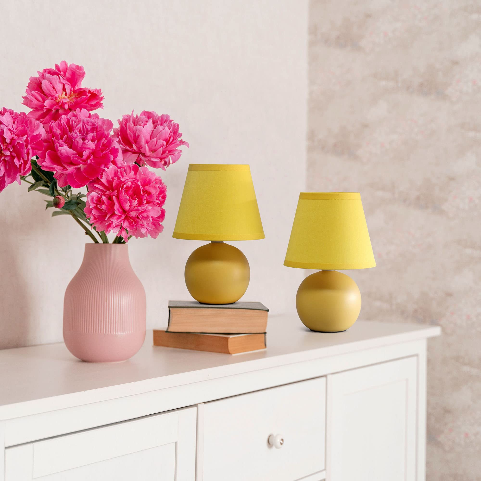Creekwood Home Yellow Ceramic Orb Base Table Lamp Set - Traditional Tapered Drum Shade, 2-Pack