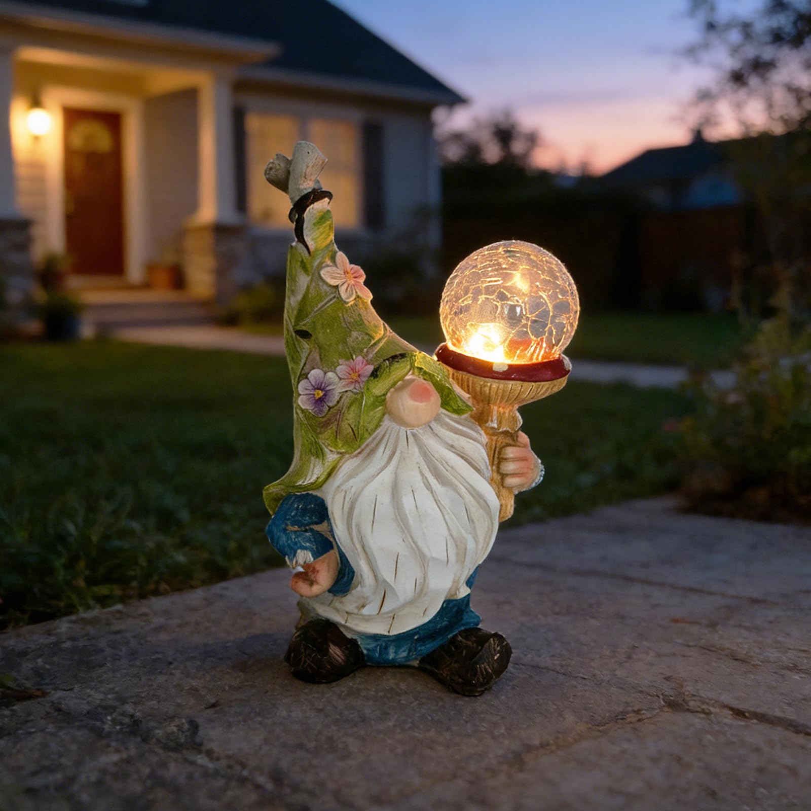 SAMPU CRAFT Garden Gnome Solar Light Statue - Outdoor Decorative Figurine with Crackle Glass Globe, Blue & White Floral Design, 