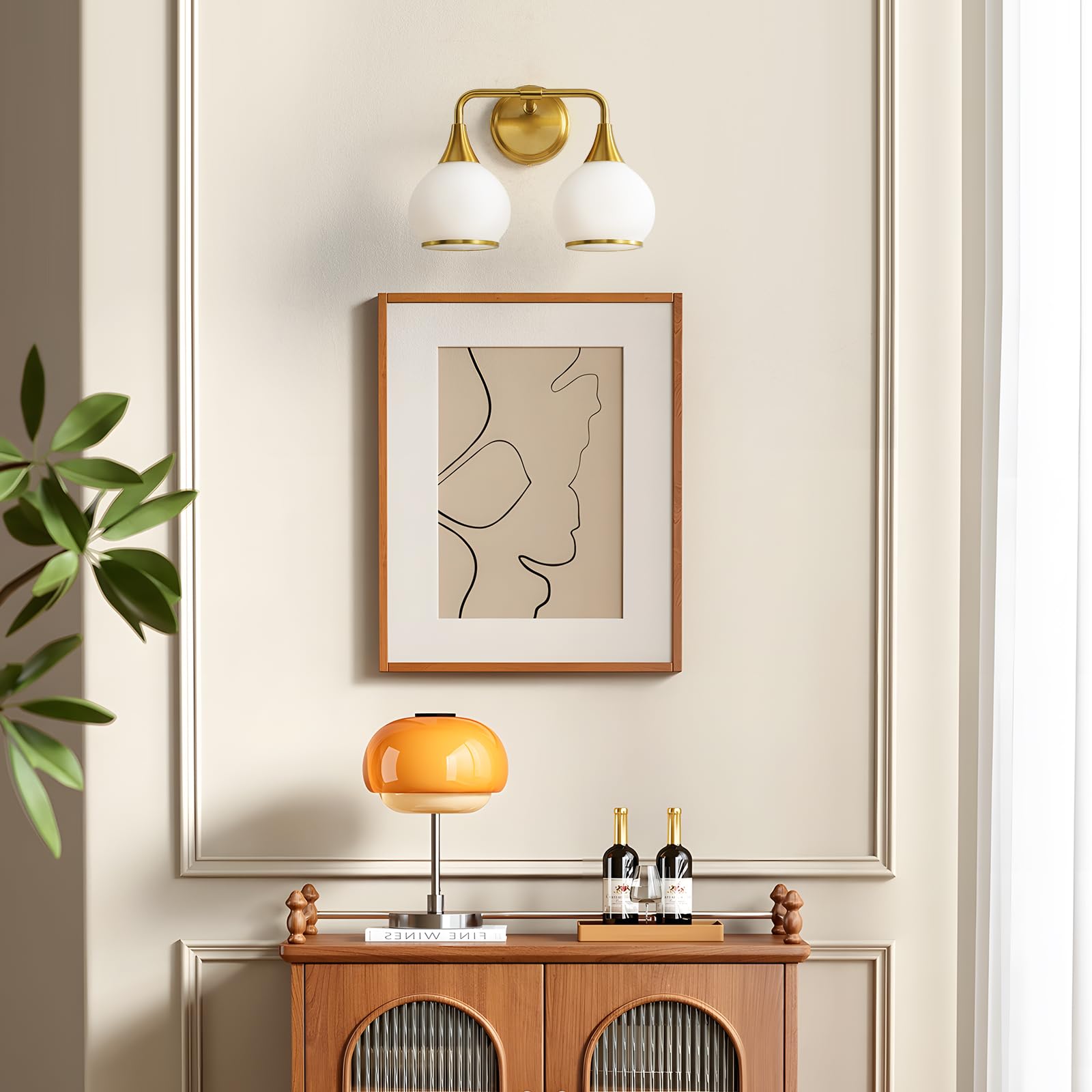 Hahzt Brushed Gold Bathroom Light Fixture, 2-Light Vanity Sconce, Milky White Frosted Glass Shade, Model 8033Ml