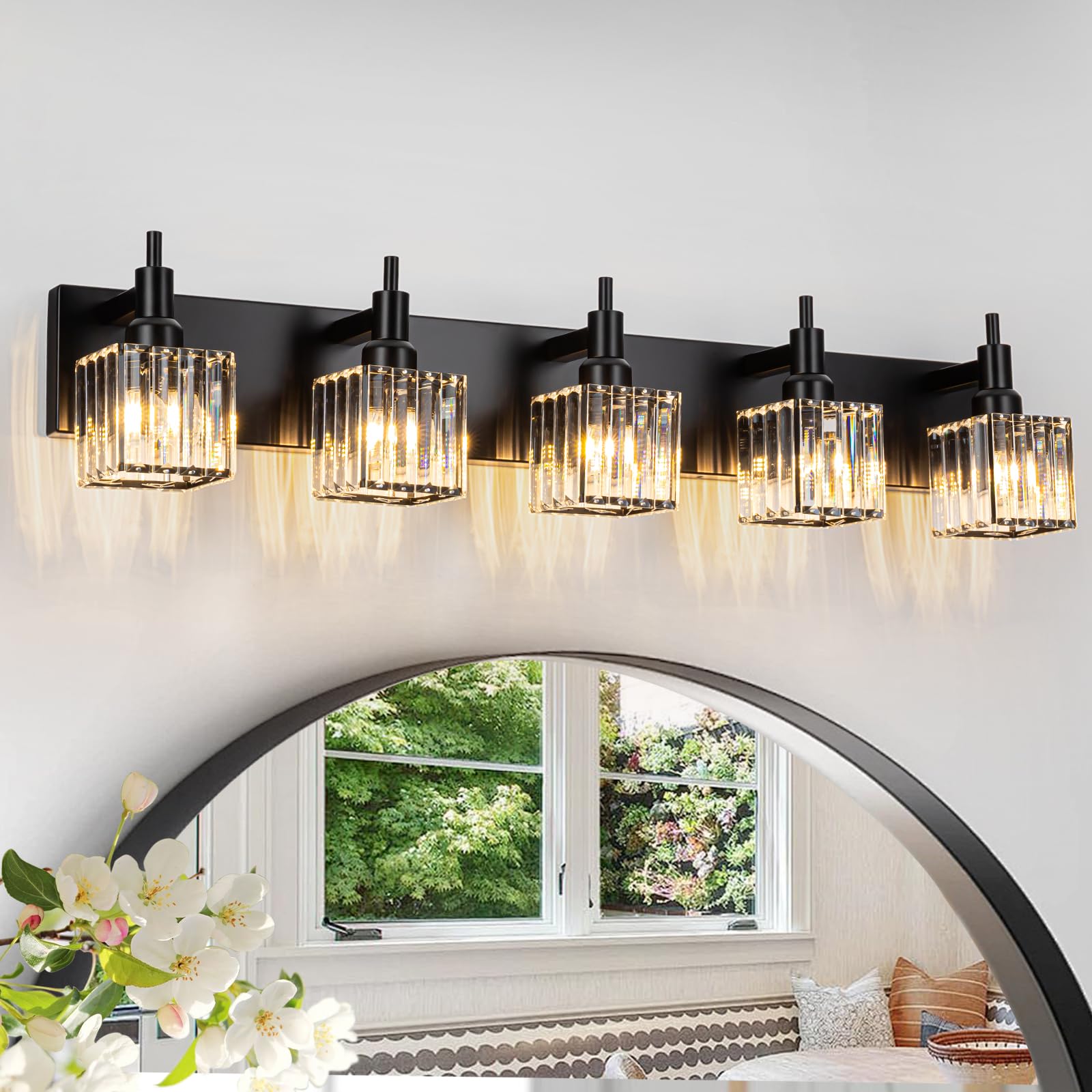 Huoku Black Crystal Bathroom Vanity Light 5-Light Modern Bathroom Lighting Fixtures Over Mirror Wall Light Fixtures