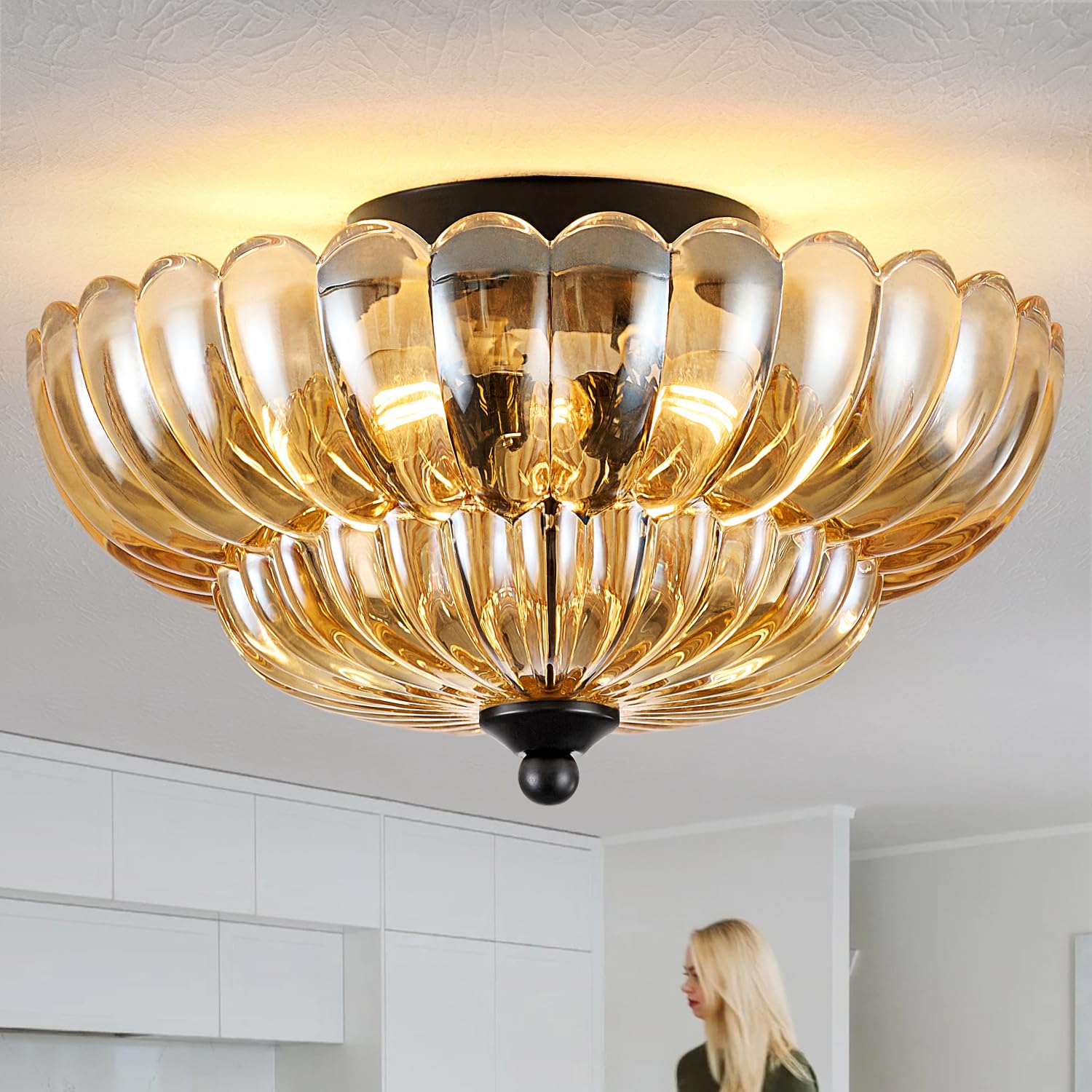 Semi Flush Mount Ceiling Light, Amber Glass Ceiling Light Fixture, 3-Bulb Modern Black Close To Ceiling Light, Vintage Glass Cei