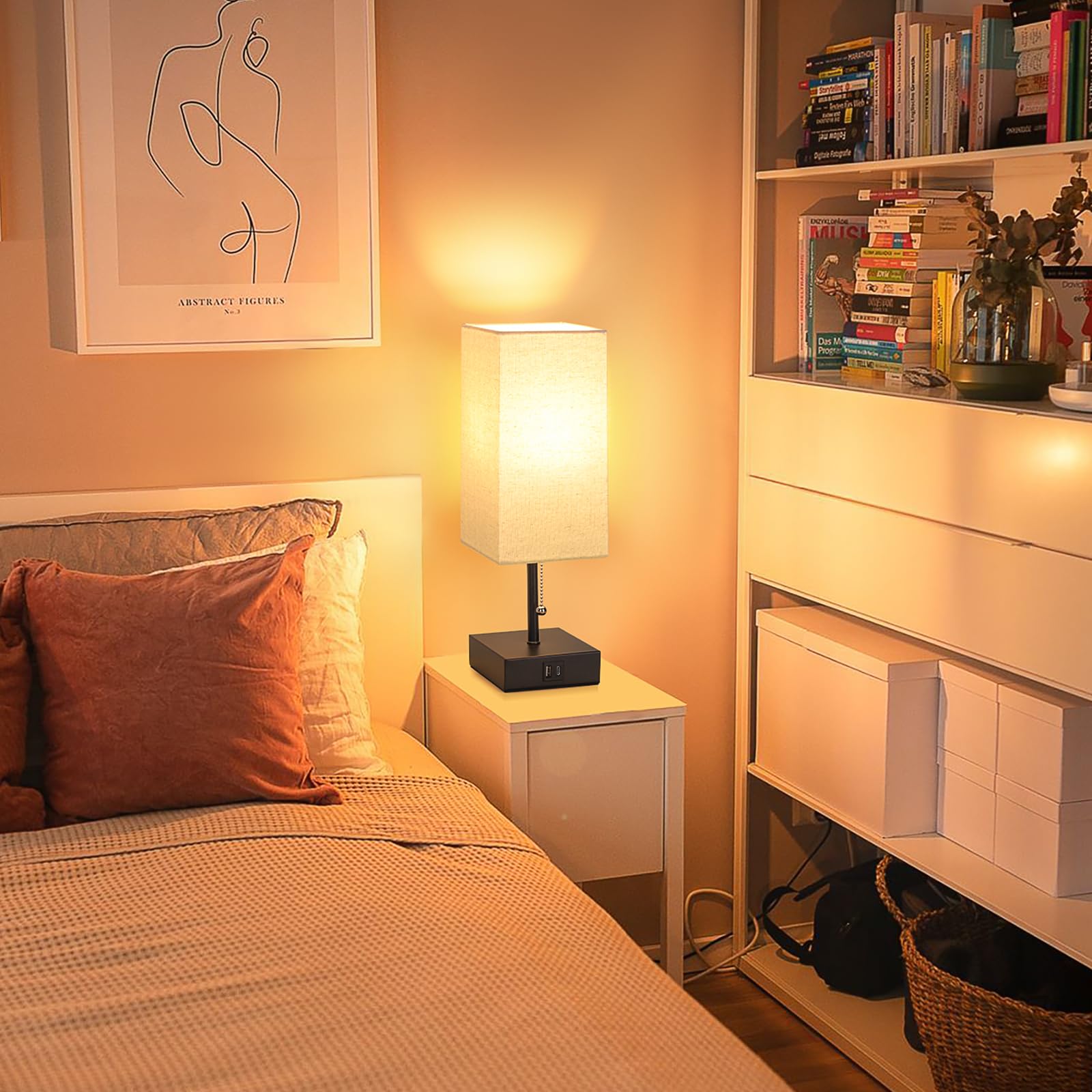 Ggoying Set Of 2 Bedside Table Lamp, Pull Chain Table Lamp With Usb C+A Charging Ports, 2700K Led Bulb, Fabric Linen Lampshade,
