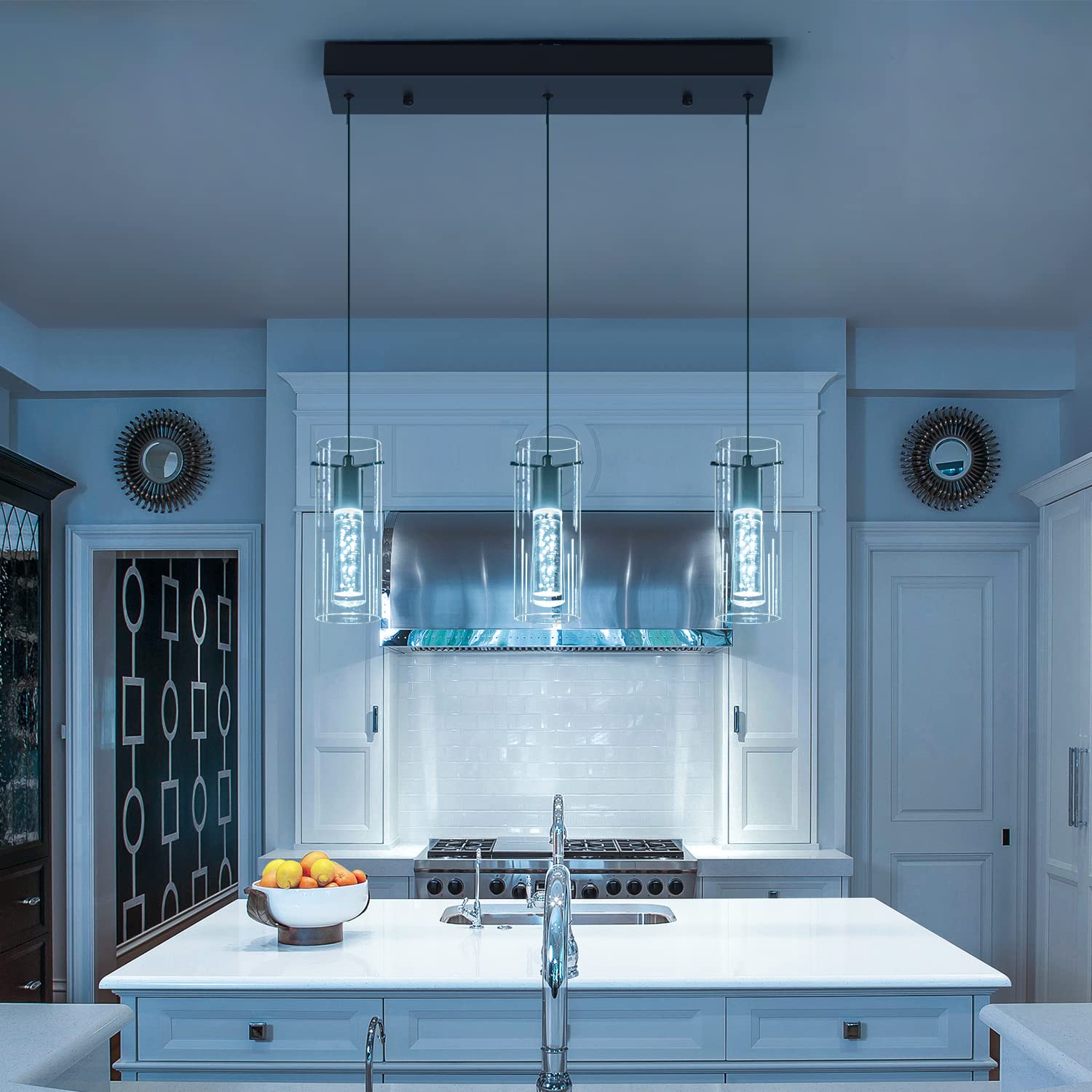 BESTWEST Modern Black Pendant Light Fixture, 3-Light Dimmable Kitchen Chandelier, Glass, Model BW-03
