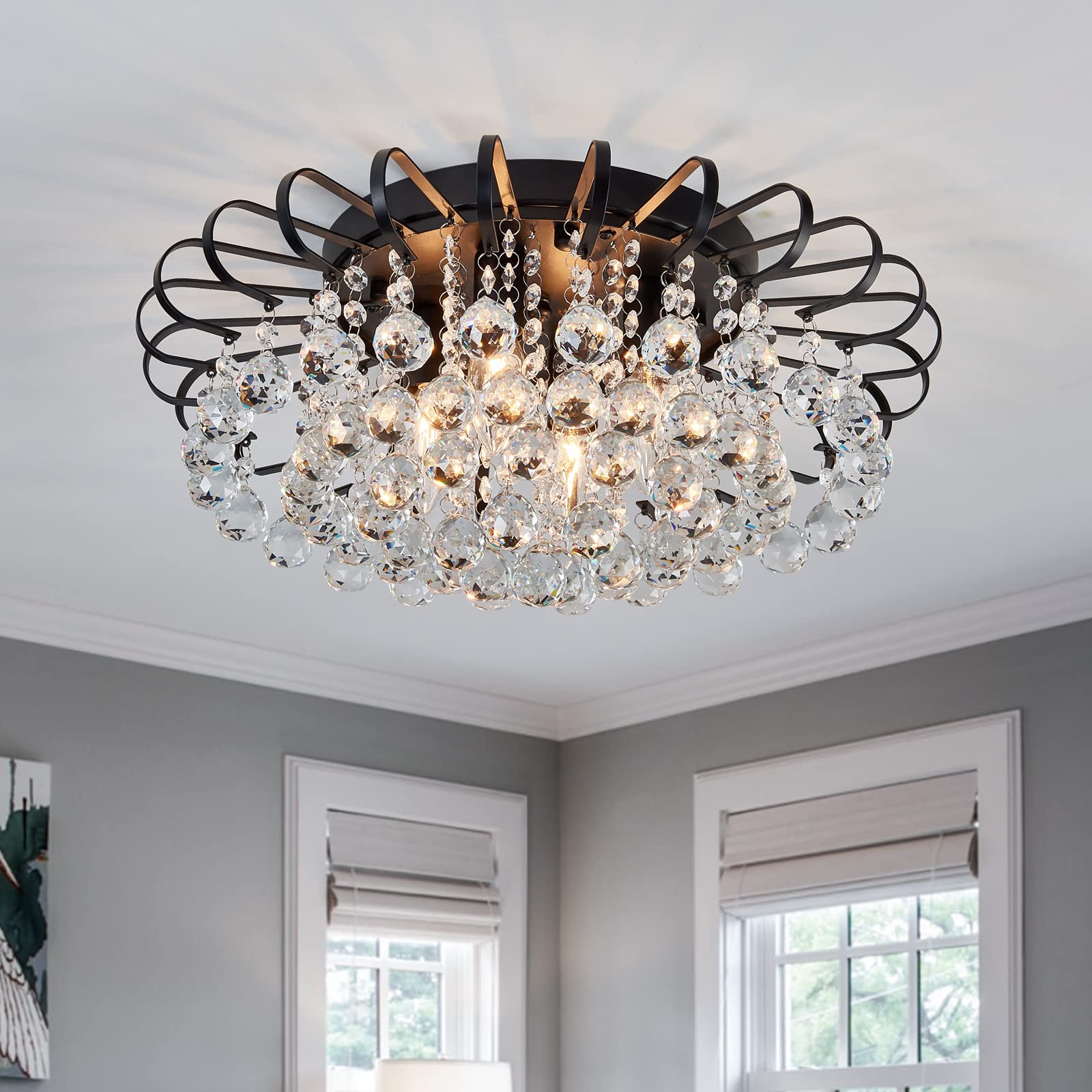 CVKASH Crystal Floral Chandelier 4-Light Antique Modern Black Flush Mount Raindrop Crystal Ceiling Lighting Fixture Chandelier f