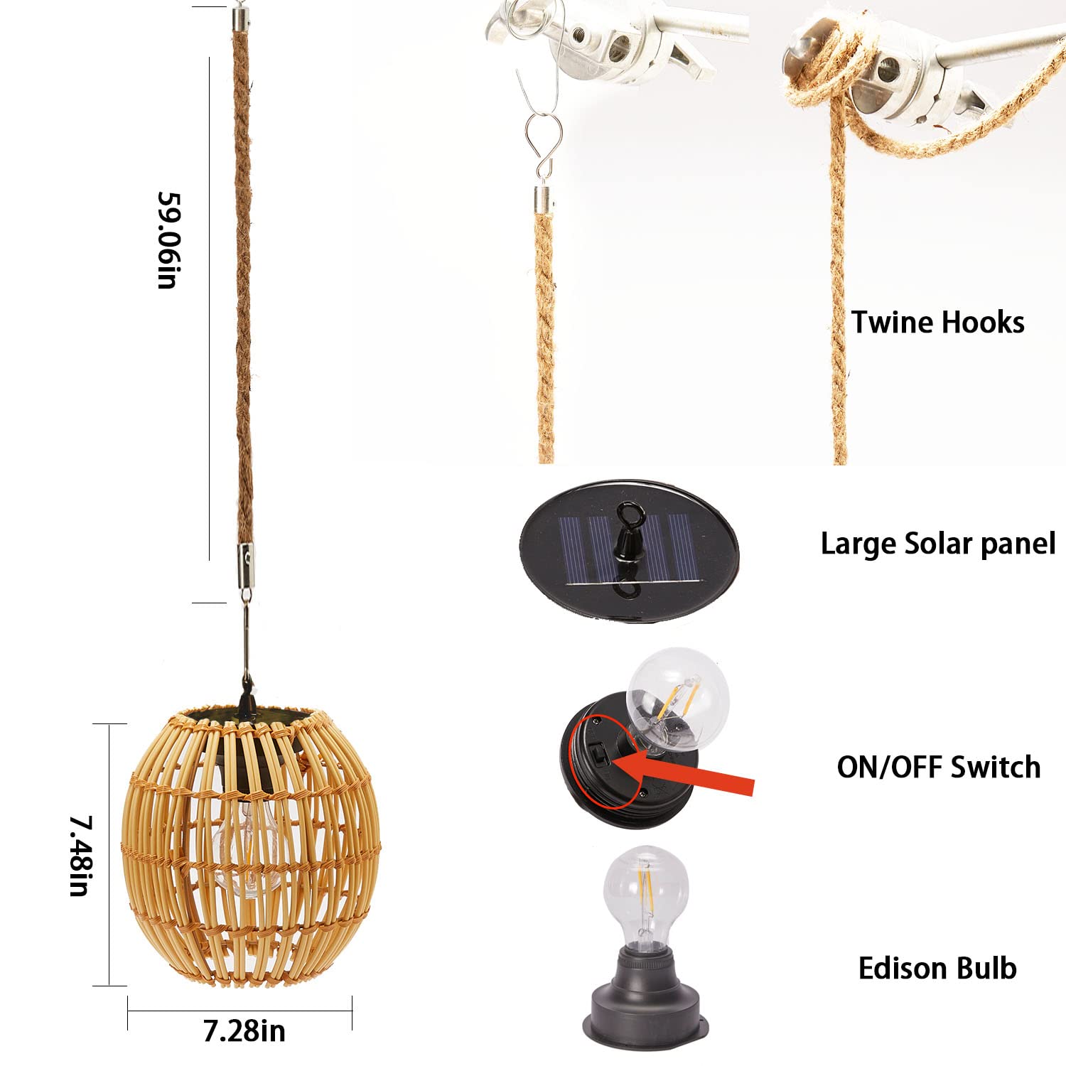 Livinlarge Hanging Solar Lantern Outdoor Waterproof, Large Solar Rattan Lantern Outdoor With Twine Handle, Bright Solar Outdoor Lights With Edison Bulb For Garden Patio Yard Decoration