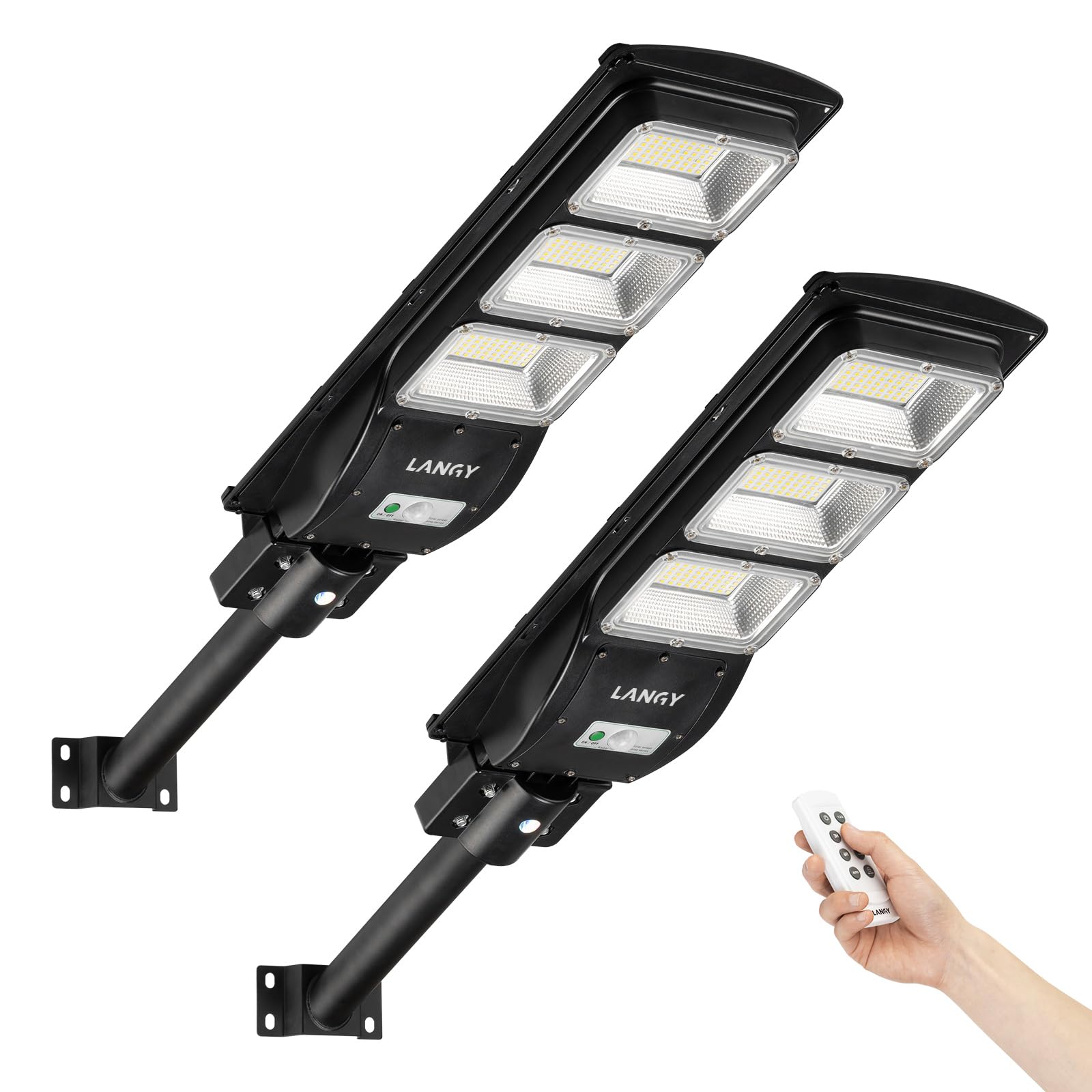 Langy 9000 Lumens Led Solar Street Lights, 2 Pack, Dusk To Dawn, Remote, Cold White, 90