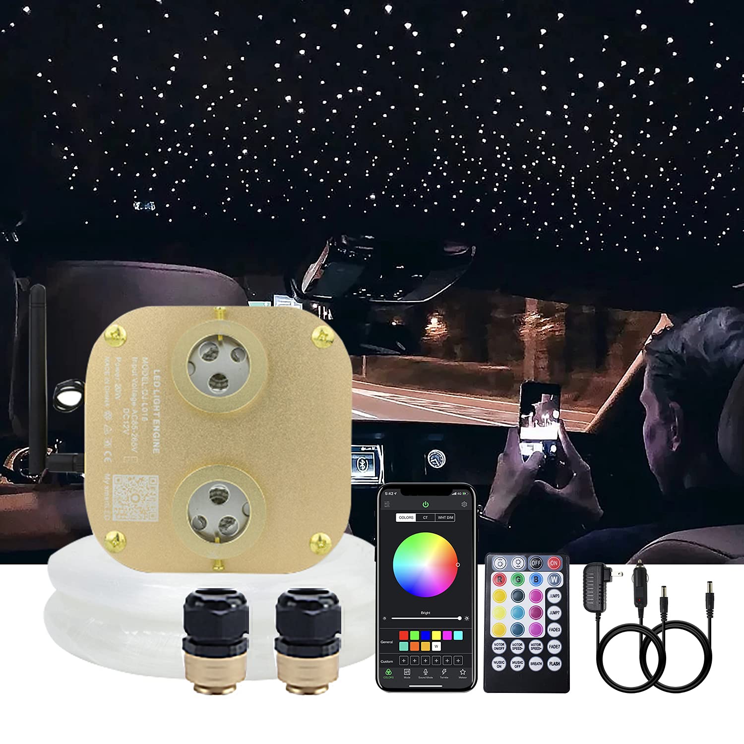 Akepo 20W Dual-Head Fiber Optic Star Ceiling Light Kit, Rgbw, 1100Pcs, 13.1Ft, Multicolor, Model Qj-L020, Sound Activated