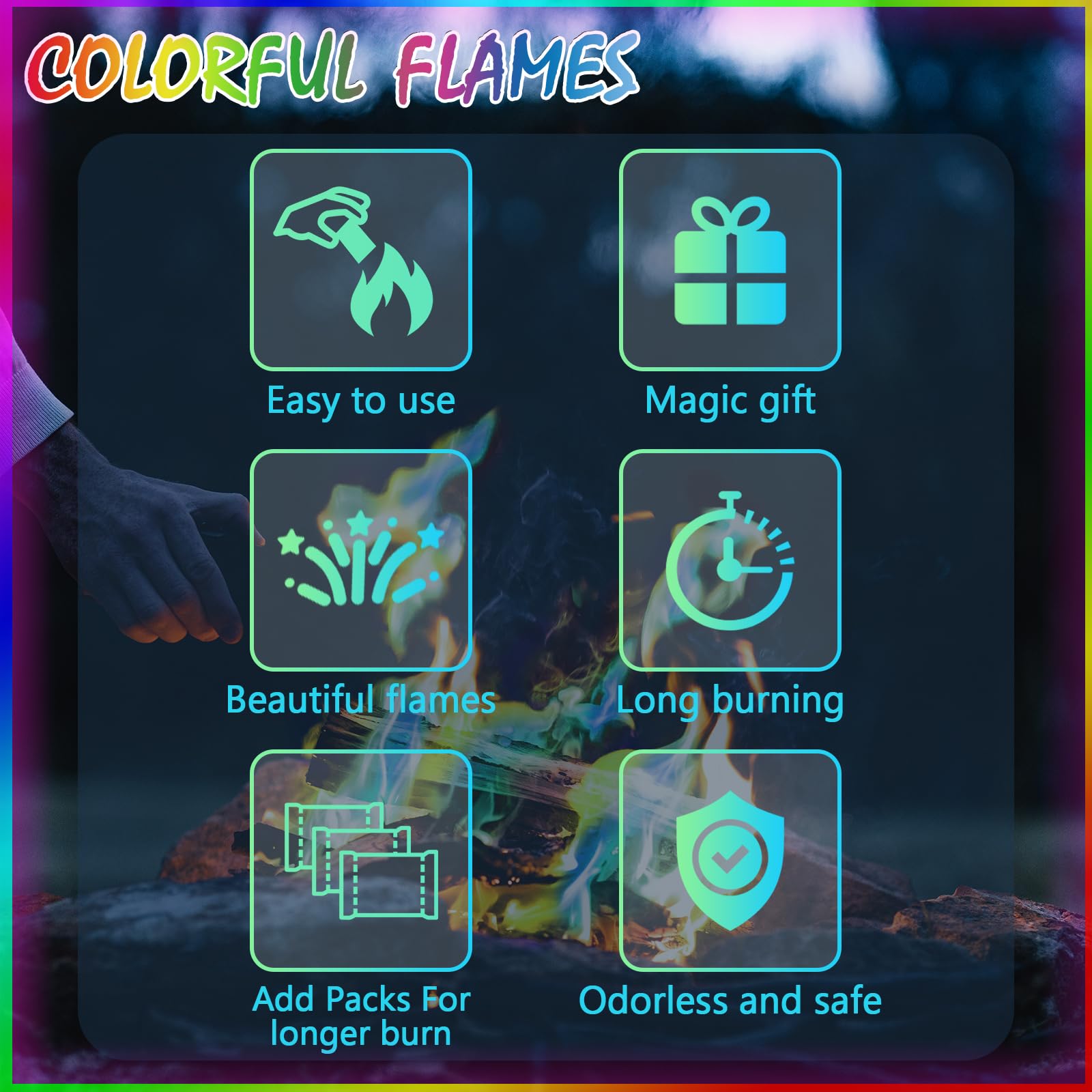 Navona Fire Color Changing Packets - 12 Pack for Campfires, Fire Pits, Colorful Flames, Long Burn Time, Safe Magic for Kids