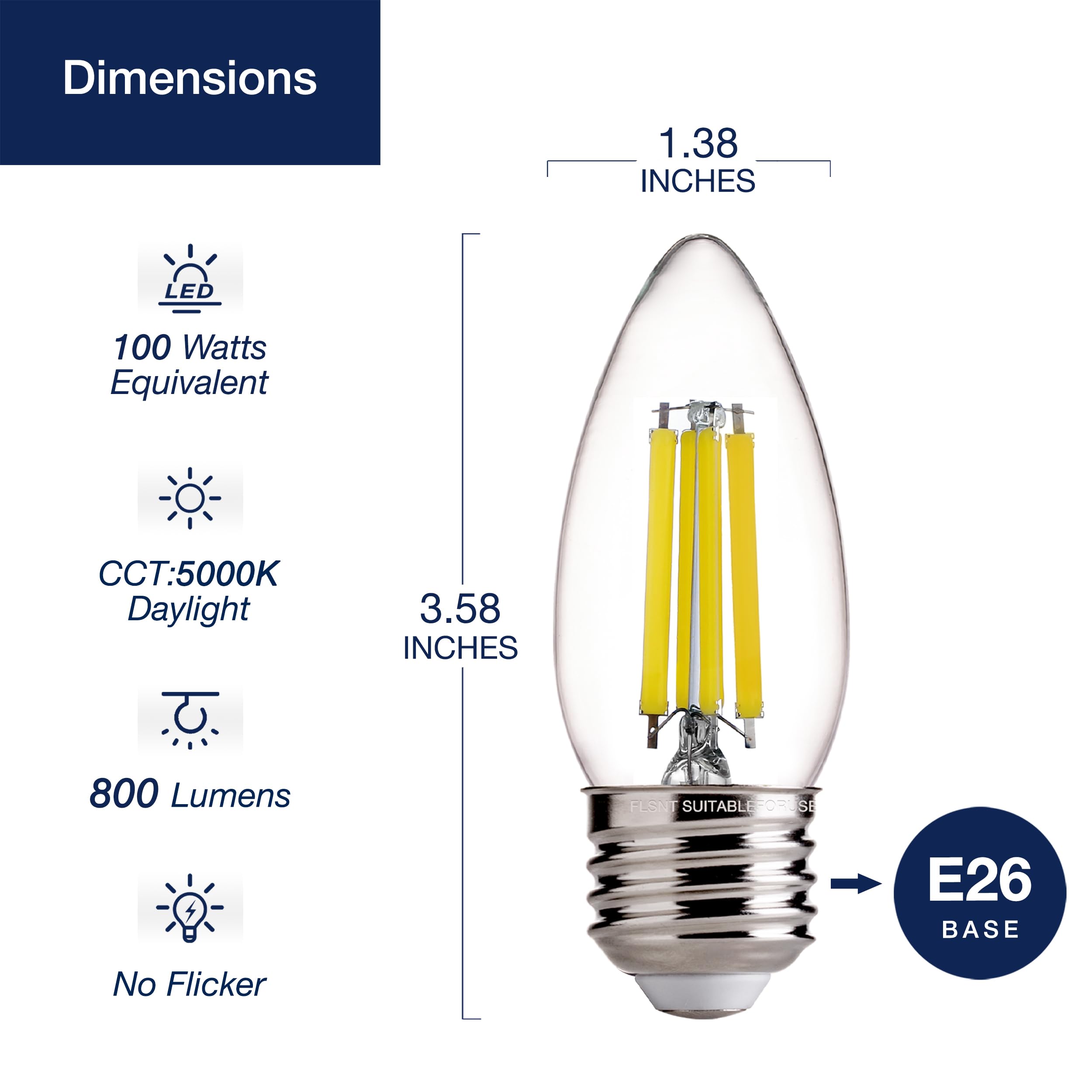 Flsnt 100W Led Chandelier Bulbs, E26 Base, 5000K Daylight, Dimmable,