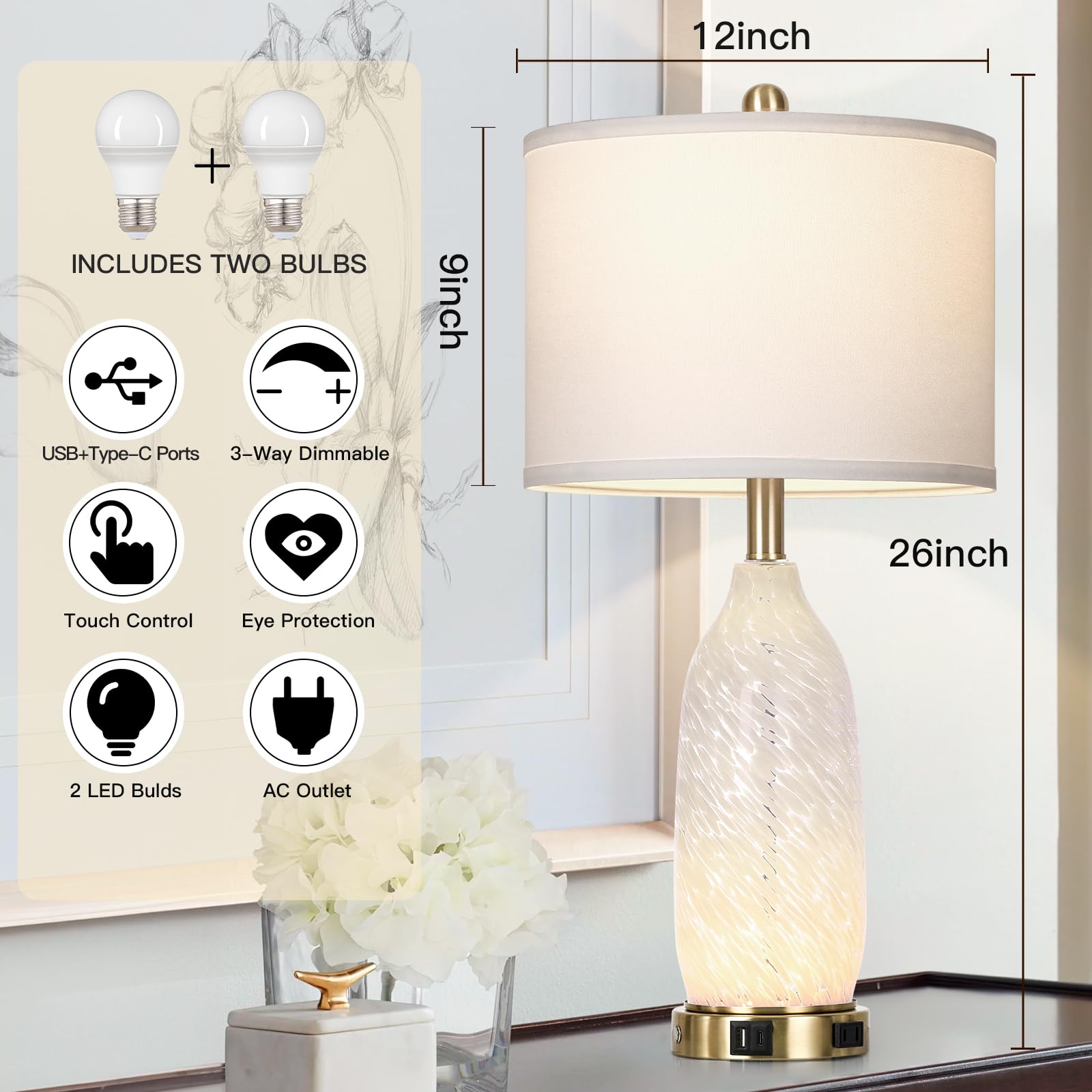 Rinweey 26'' Peacock Green Glass Table Lamps Set Of 2,Coastal Nautical Bedside Lamps With Usb Ports & Ac Outlet,Lamparas Elegant