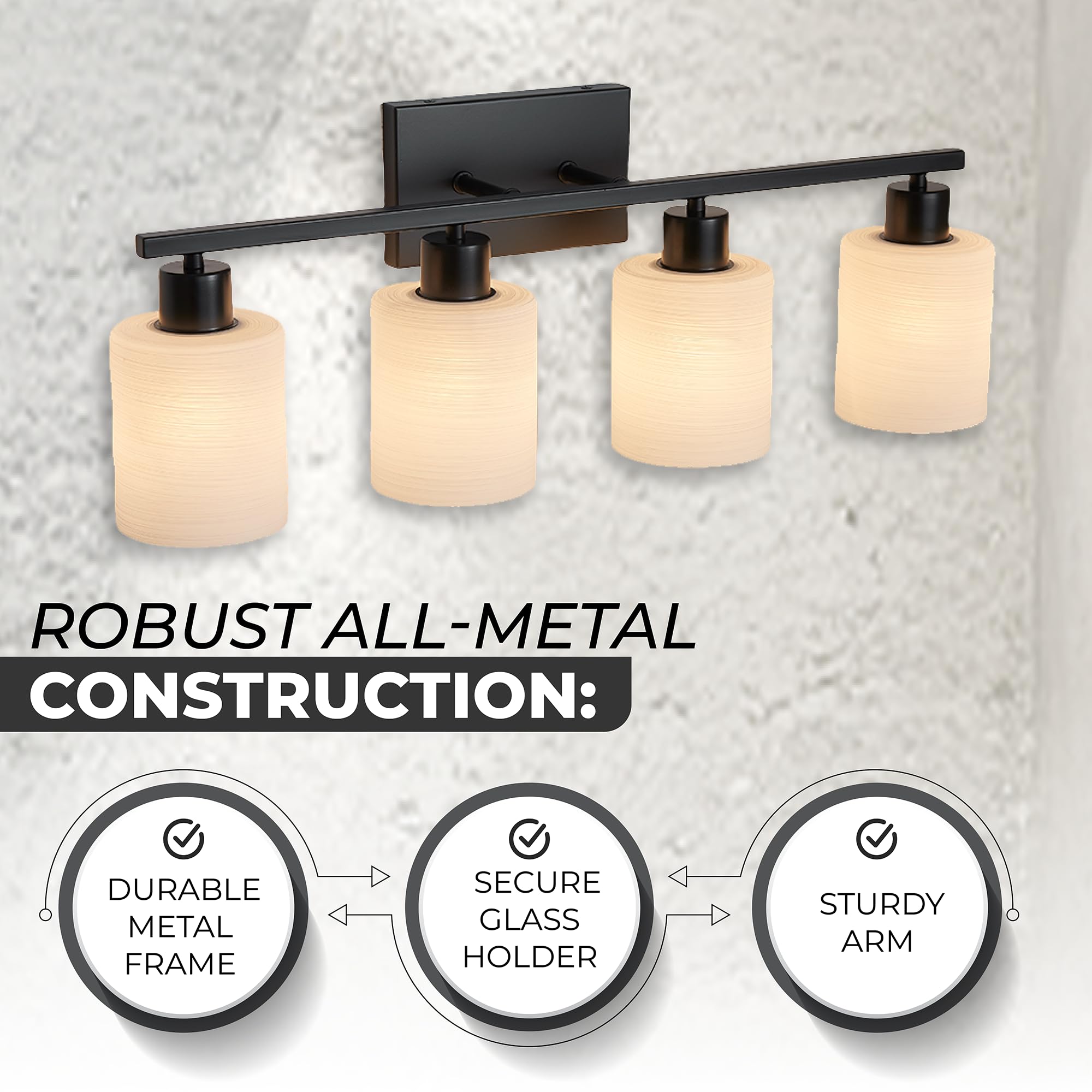 The Door Bull Modern Bathroom Vanity Light, Matte Black, 4 Lights, Milky White Glass, E26 Socket, Wall Sconce for Bedroom & Living Room
