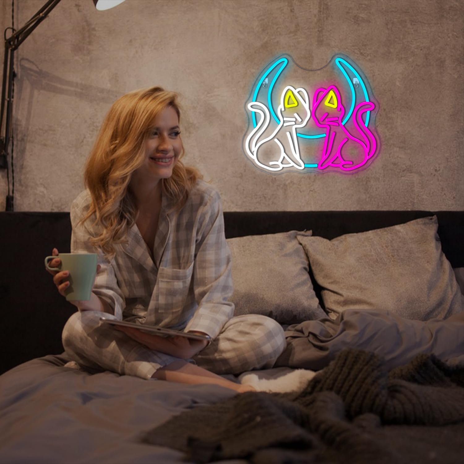 WLHOPE Cat & Moon Neon Sign, Dimmable LED Wall Decor, USB Powered, 7.3in x 16.5in, Acrylic, Moon Cat