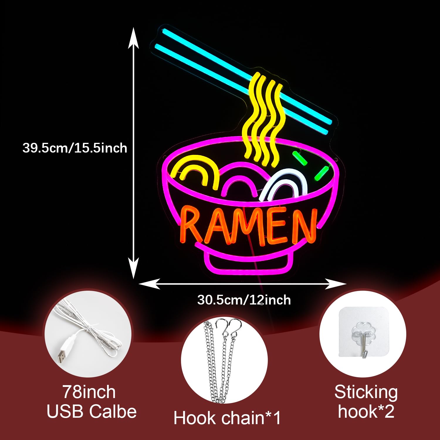 LIUOZHTEA Ramen Neon Sign LED Light for Wall Decor, Dimmable, 12in x 15.5in, Multicolored, for Ramen Shop, Restaurant, Kitchen