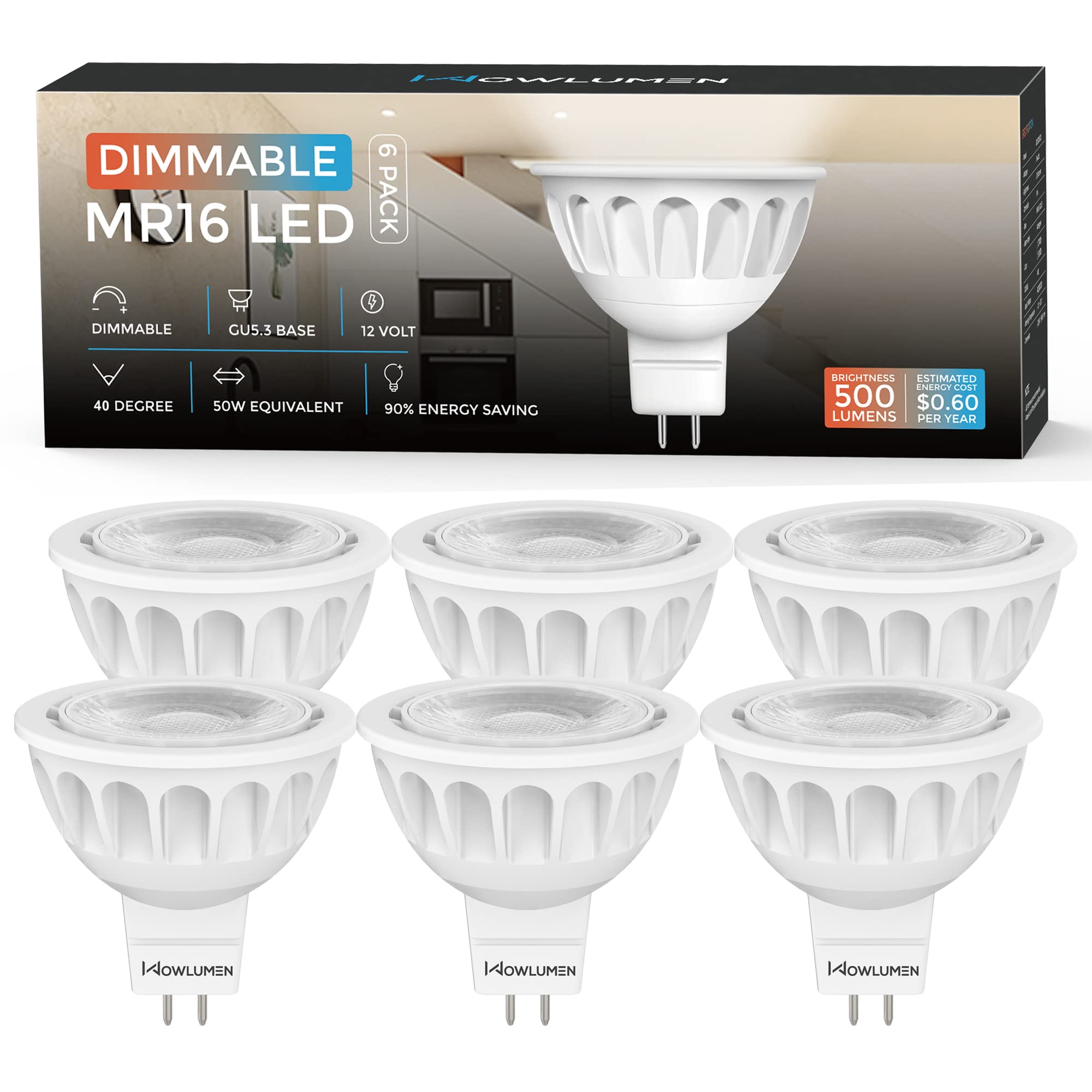 WOWLUMEN MR16 LED Bulb 5W Dimmable 6 Pack GU5.3 Base 5000K Warm White Aluminum