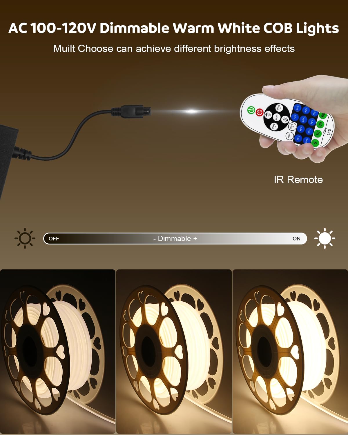 Aclorol 100Ft Outdoor Cob Led Strip Lights Waterproof Warm White 1 Roll Ac 110V-120V Flexible Dimmable Led Lights Strip With Rem