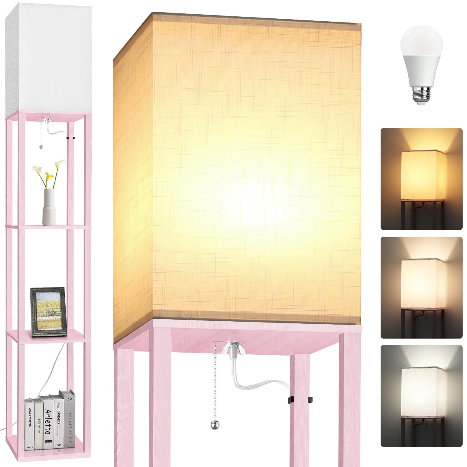 Dott Arts Floor Lamp with Shelves, 10.2in Wide, Wood, Pink, Model WLM1600-FLA-8W-13, Modern LED Standing Lamp for Living Room and