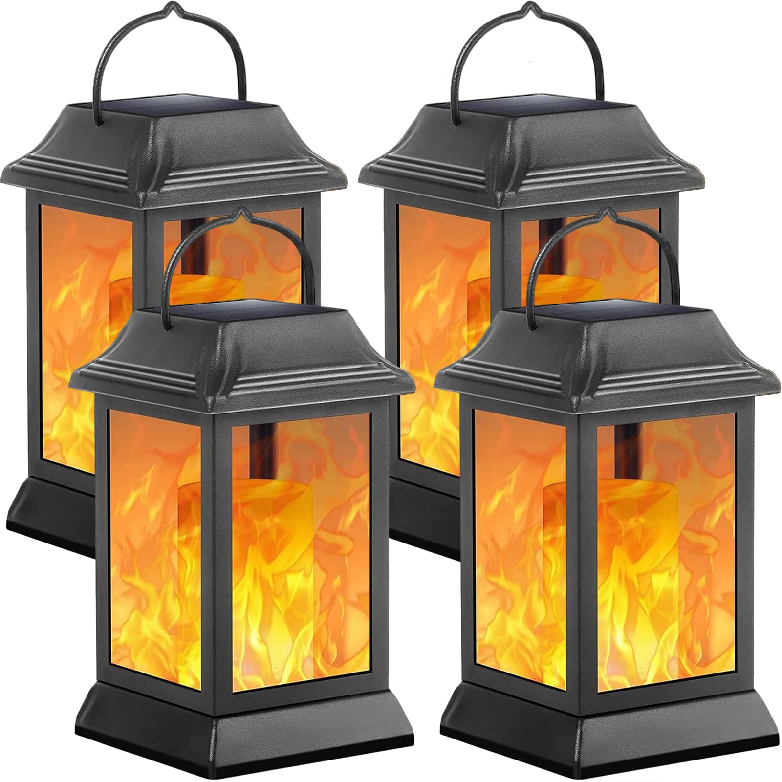 TomCare Solar Lights Metal Flickering Flame Solar Lantern Outdoor Hanging Lanterns Decorative Lighting Heavy Duty Solar Powered Waterproof Umbrella Lighting for Garden Yard Patio Deck  4 Pack(Black)