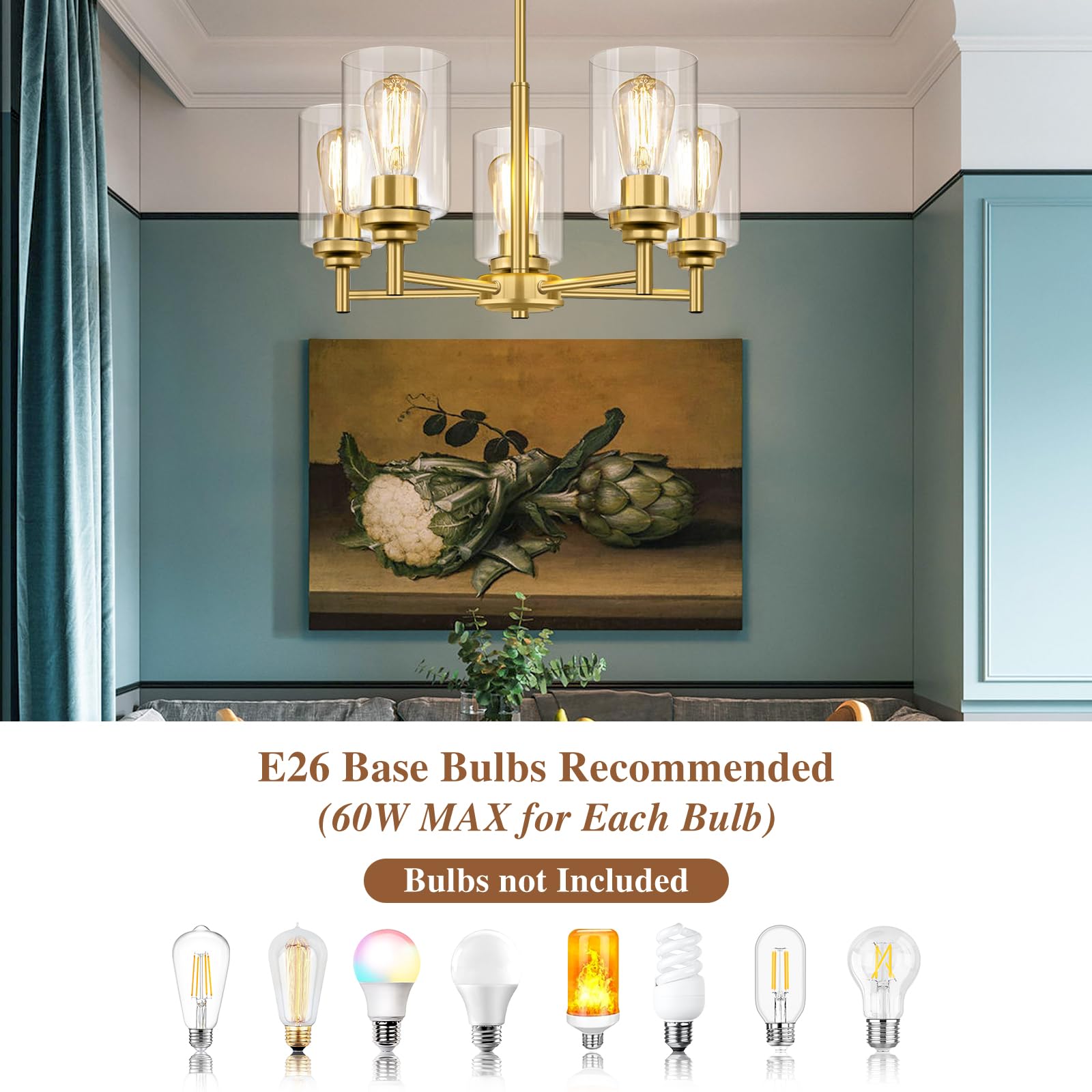 5-Light Chandelier For Dining Room Kitchen Island Modern Farmhouse Pendant Lighting With Clear Glass Shades Industrial Gold Hang
