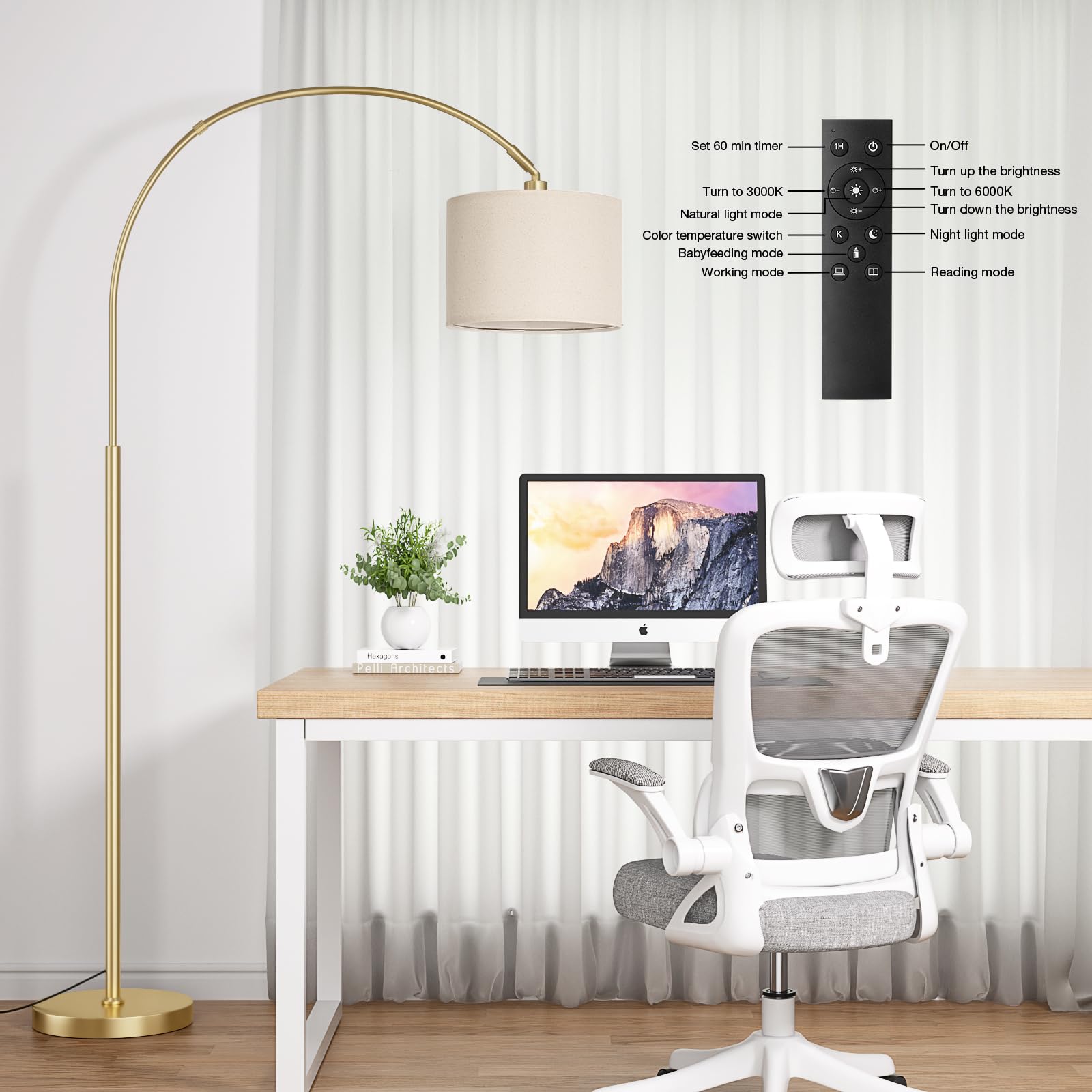 Ambimall Dimmable Arc Floor Lamp with Remote, Metal, 70.66in H x 27.95in W x 11in D, Deep Beige and Gold
