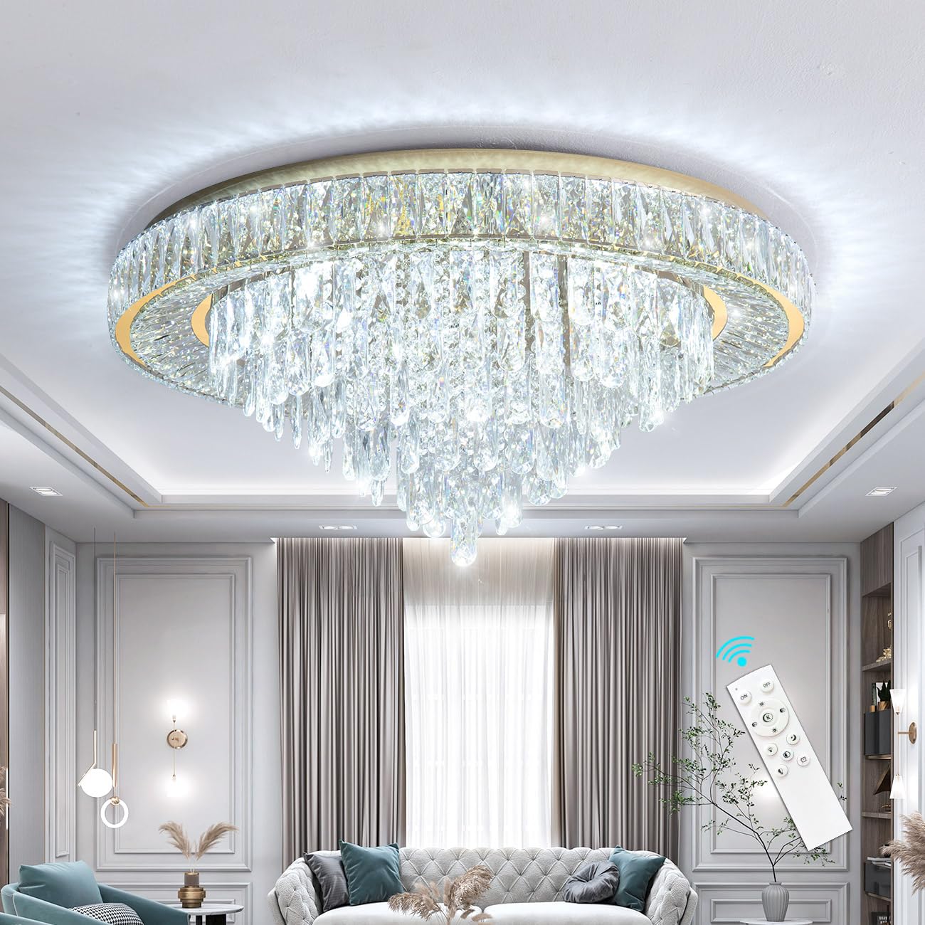 dolria Modern Crystal Chandelier LED Dimmable Pendant Light Fixture 31.5'' Gold Flush Mount for Living Room, Dining Room, Bedrooms, Foyer