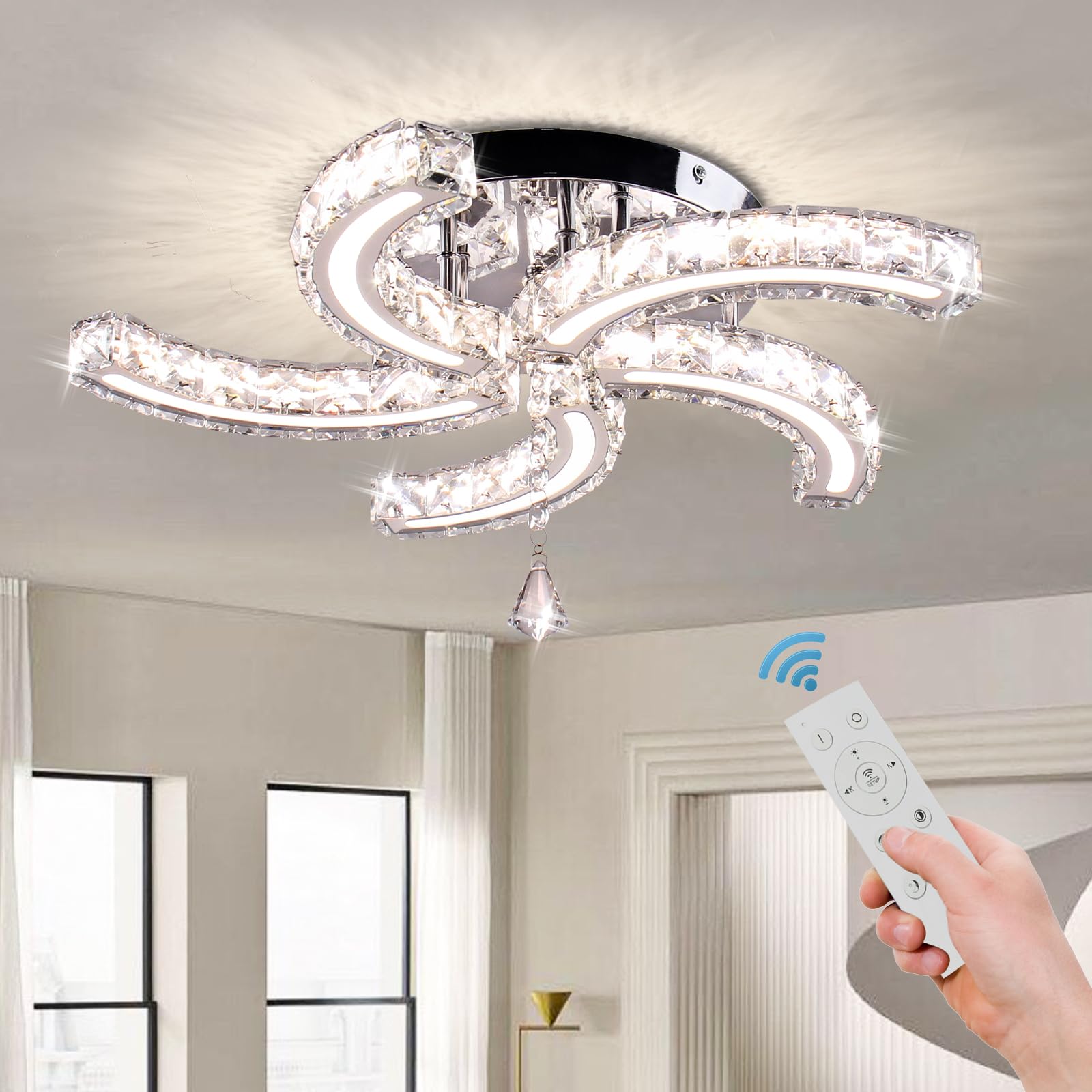 FRIXCHUR Modern Crystal Chandelier 5 Arms LED Light Fixture Flush Mount Dimmable with Remote, Acrylic, US-MC082-YKL