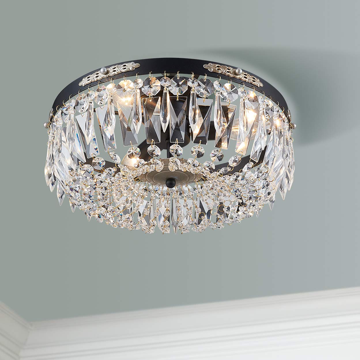 Bestier Black Crystal Semi Flushmount Chandelier Lighting, Metal, Ceiling D14in x H8in, 4 E12 Bulbs Required