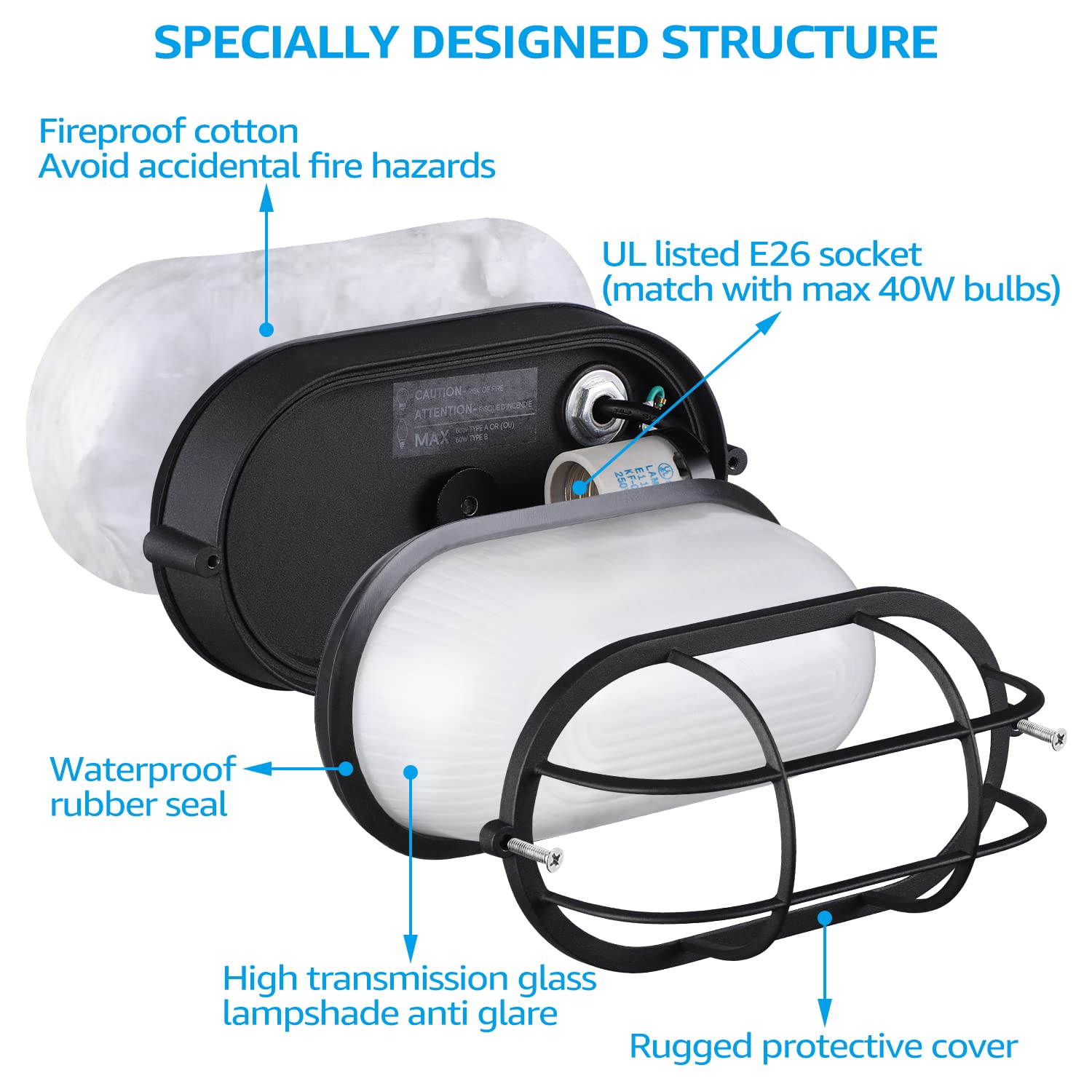 LEONLITE 8.5'' Nautical Bulkhead Wall Light, ETL & UL Listed, Aluminum with Frosted Glass, Black, Model 81312, Pack of 2