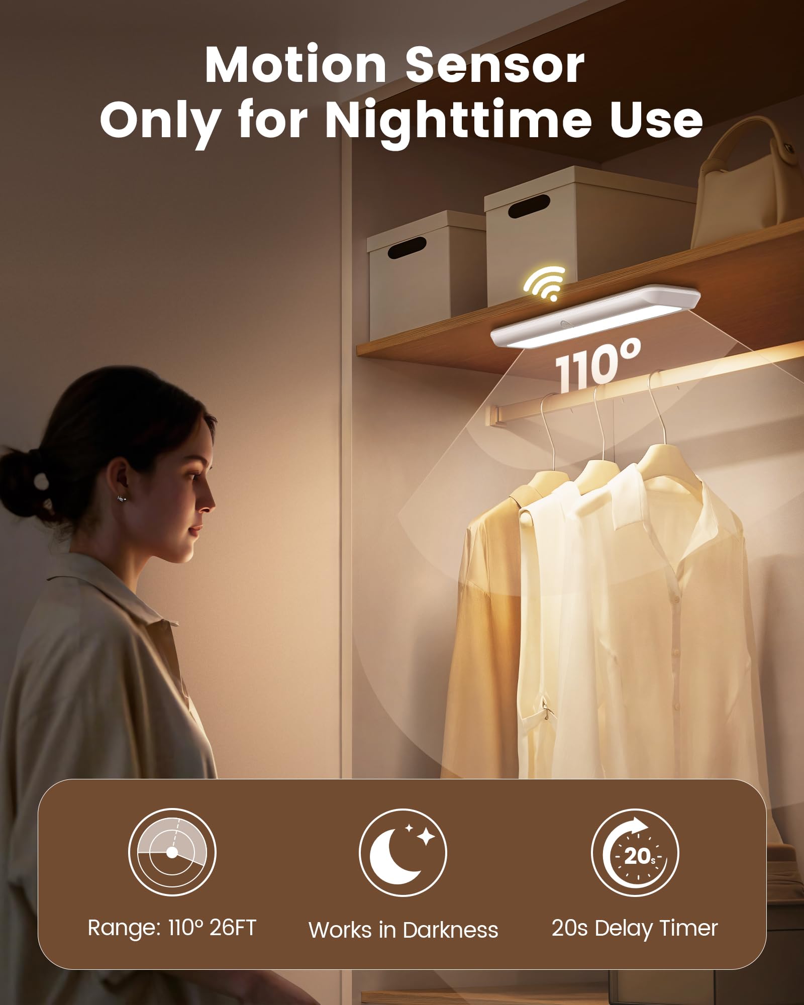 SURAIELEC Rechargeable Under Cabinet Light, 6500K, 150LM, Wall Switch & Motion Sensor, White, Model UUCL11A, 1-Pack