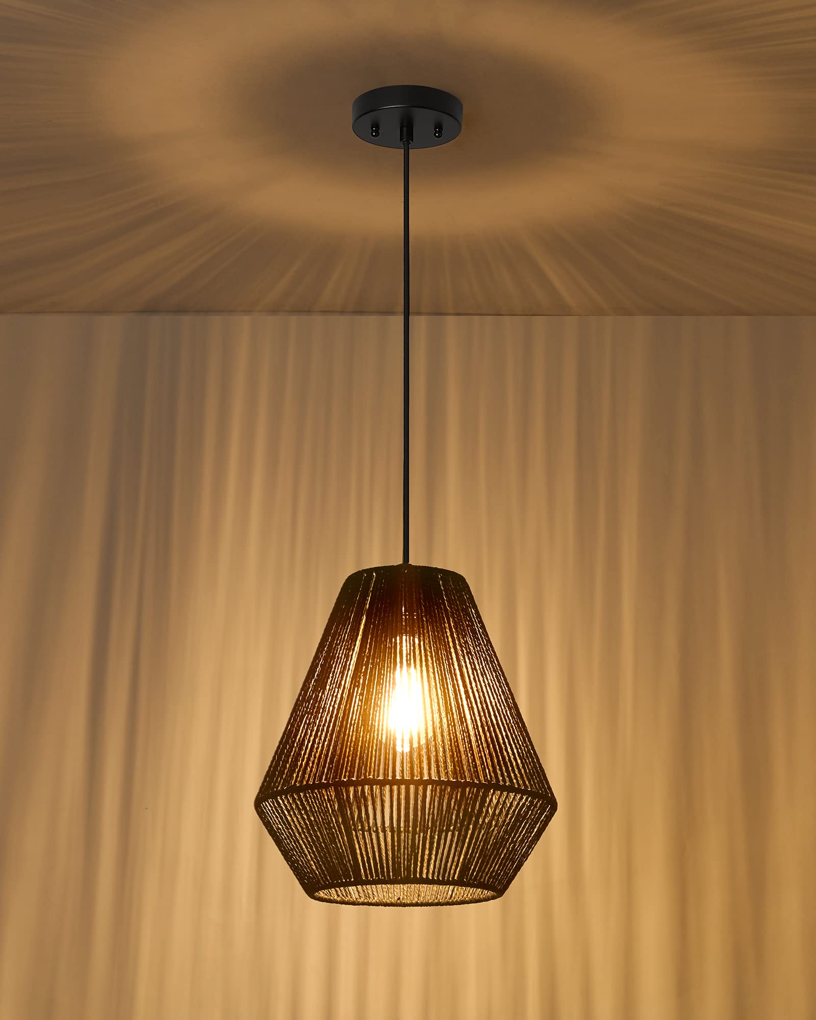 Elyona 11.8&quot; Modern Woven Pendant Light - Black Rattan Shade For Kitchen, Dining, Bar, Bedroom