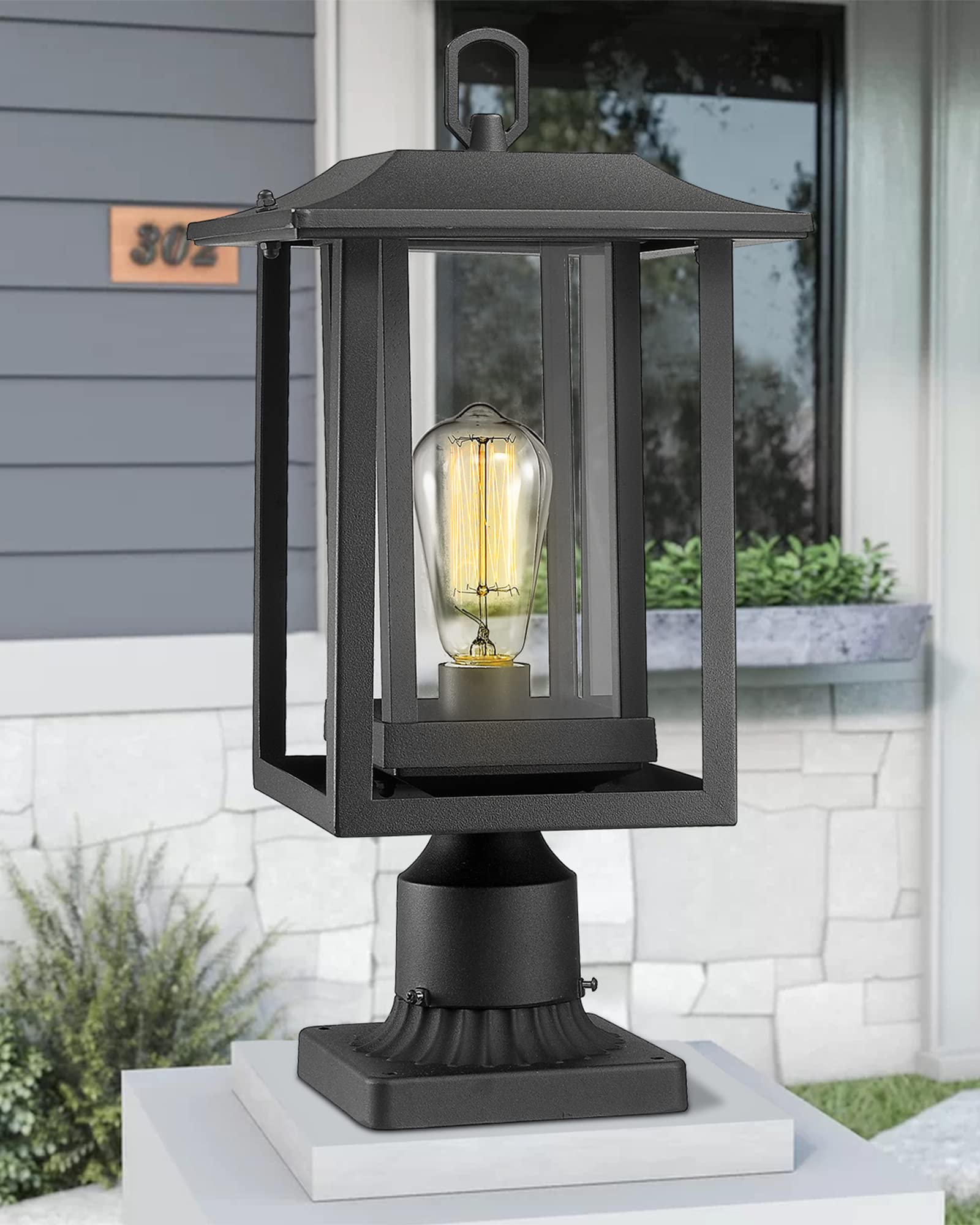 Beionxii Outdoor Post Lights - Large Black Aluminum Lamp Fixture With Clear Glass, Model A197P-2Pk, Post Mount, Extra Large (19 X 9)
