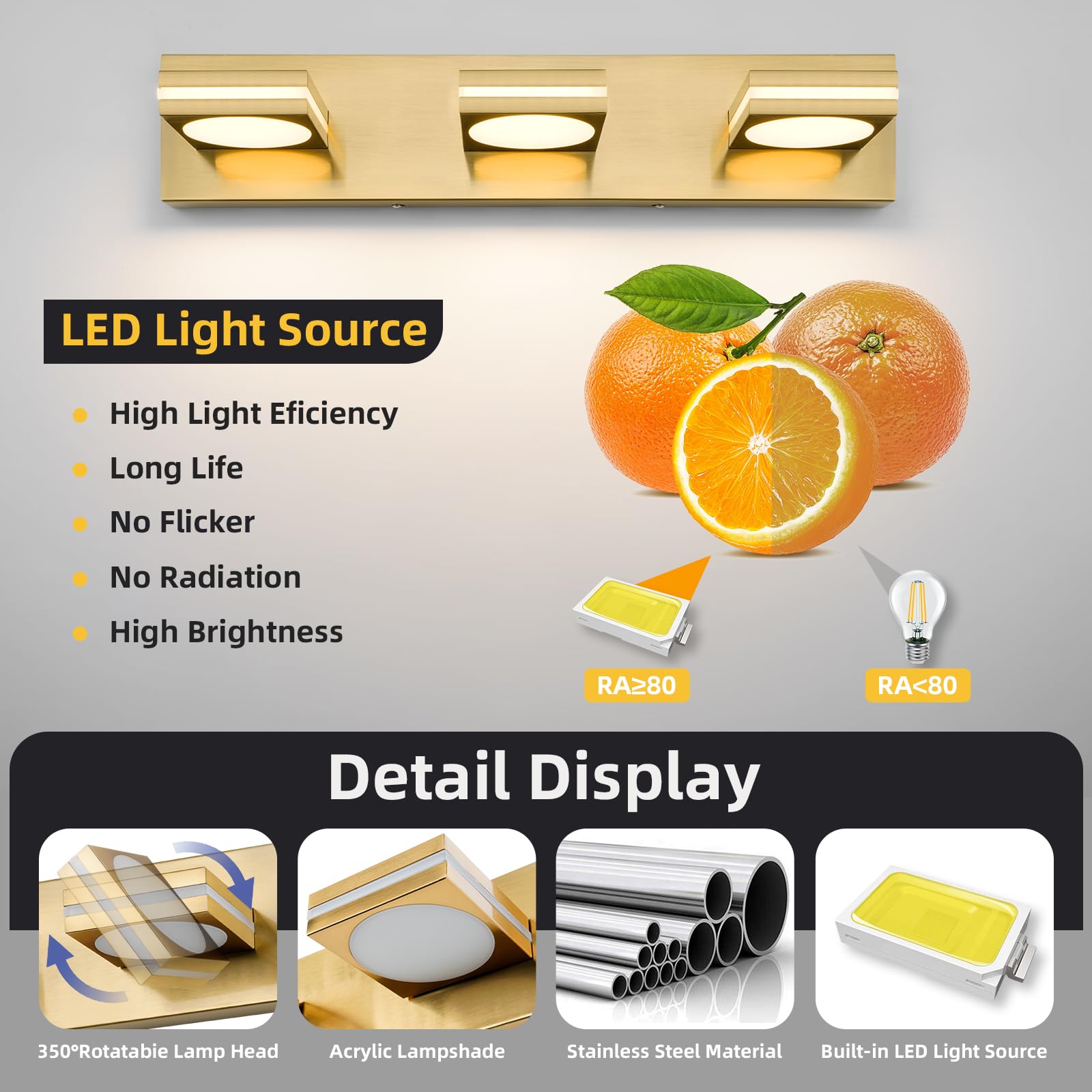 Okeli 3-Light Led Bathroom Vanity Light Fixtures  Gold Modern Bathroom Wall Lighting Fixtures Over Mirror (3Cct  3000K-6000K)
