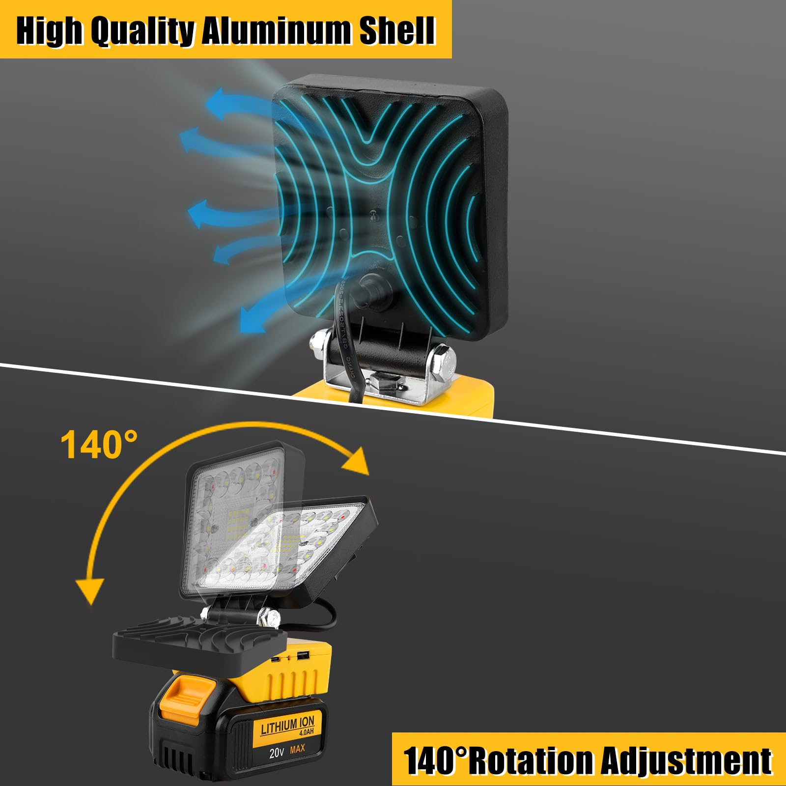 T-SUN 55W Work Light - Cordless LED Light for Dewalt 18V/20V Battery, Portable with USB & Type C Charging, Model F0130