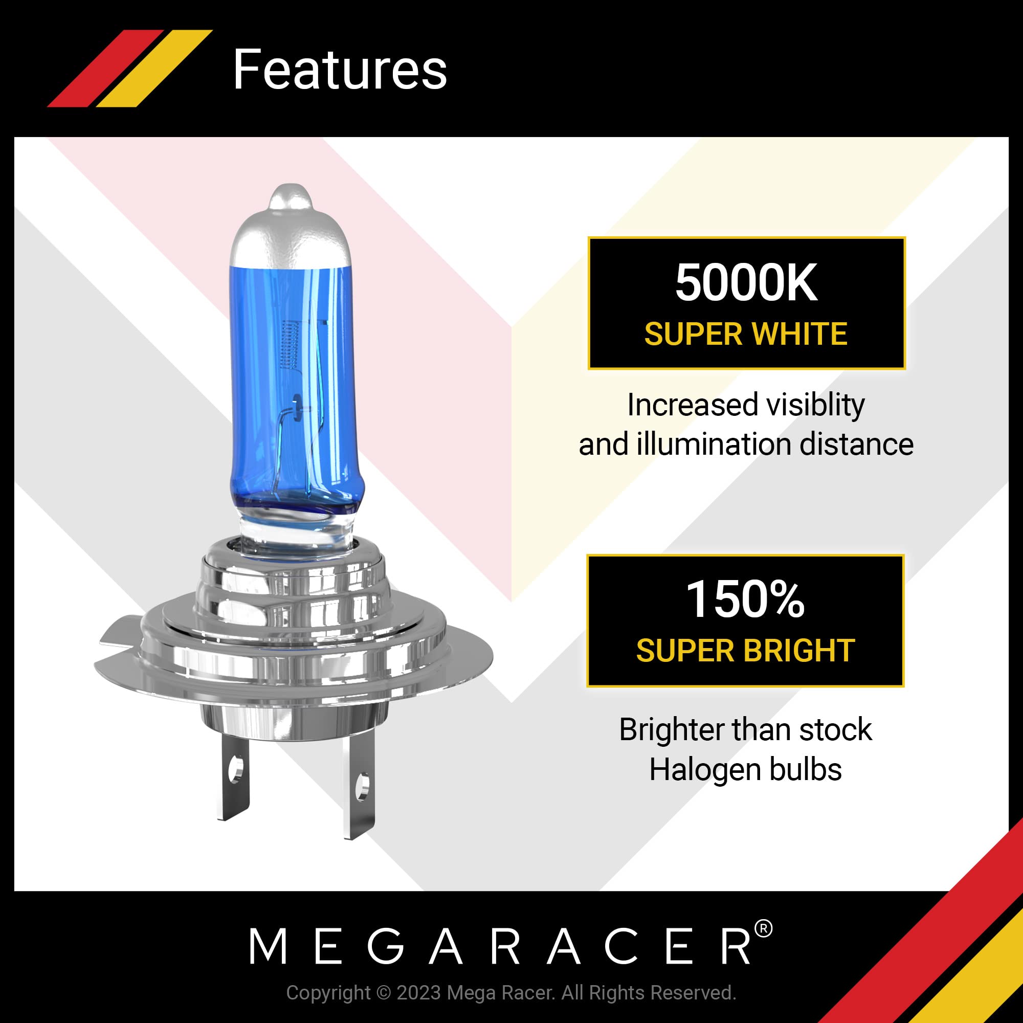 Mega Racer H7 Halogen Headlight Bulbs Combo For Low Beam And High Beam - Super White 5000K 12V 55W, Xenon, Px26D Base, Ip68 Wate