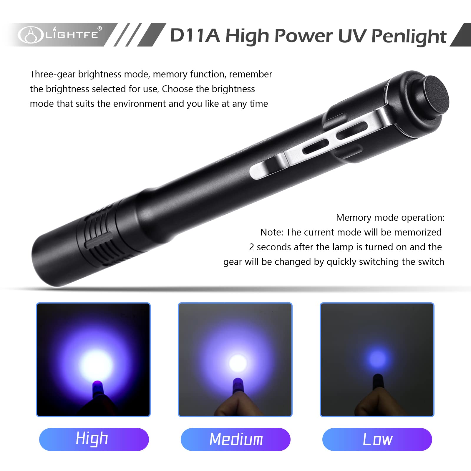 LIGHTFE Black Light D11 Ultraviolet Flashlight, 395nm, Aerospace Aluminum Alloy, UV Glue Curing, Pet Urine Detection