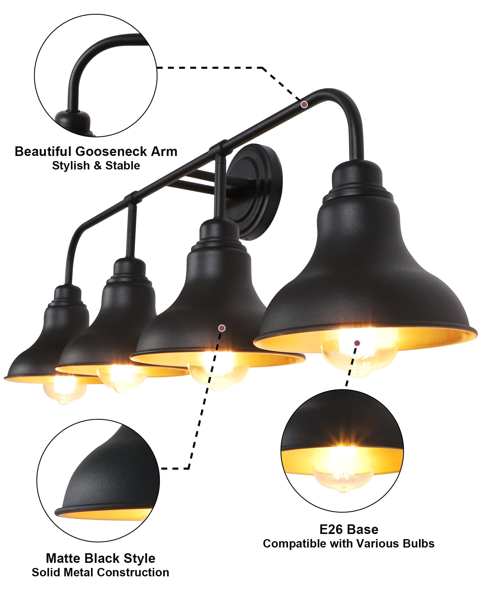 pasentel 4-Light Bathroom Vanity Light, Black Iron Rustic Wall Sconce, Model BD017-4-BK