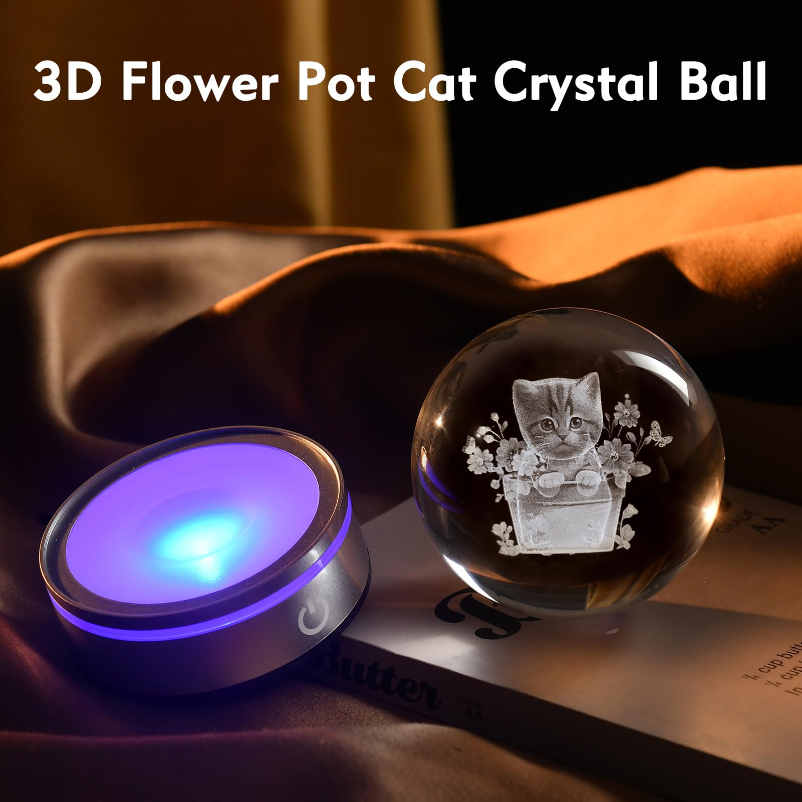 Ifolaina 3D Cat Crystal Ball 3D Flower Pot Cat Figurines Night Light Cat Lover Gifts For Women Home Decor Cat Collectibles Snow
